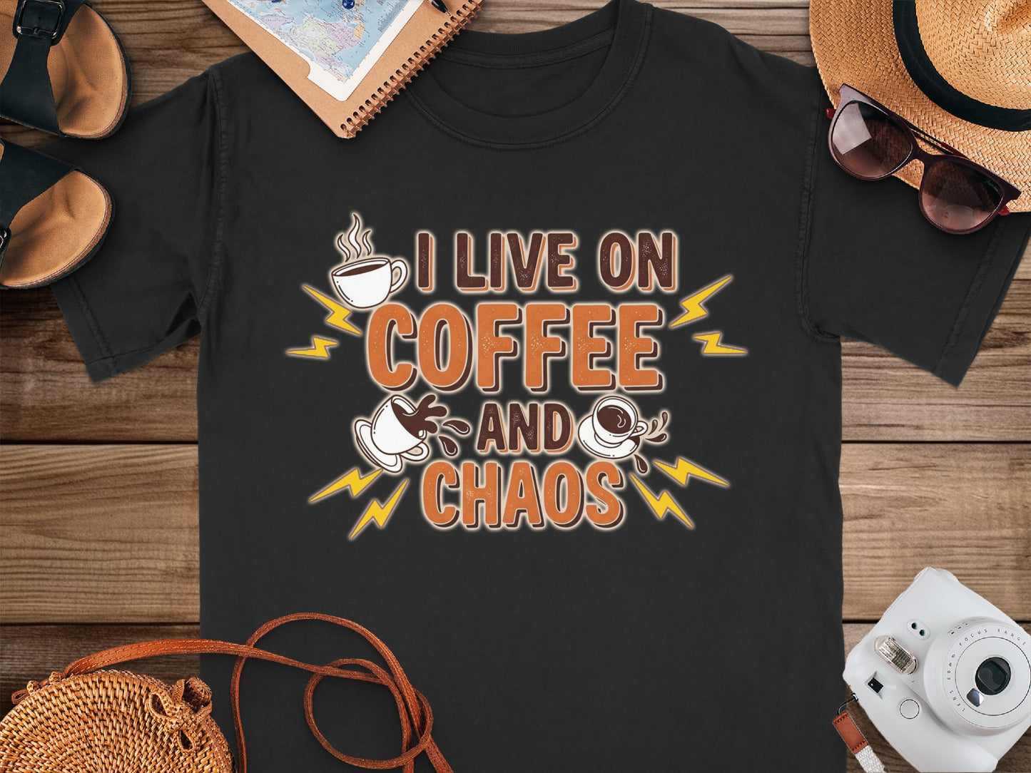 Black- I Live On Coffee and Chaos Funny Shirt for Coffee Lovers