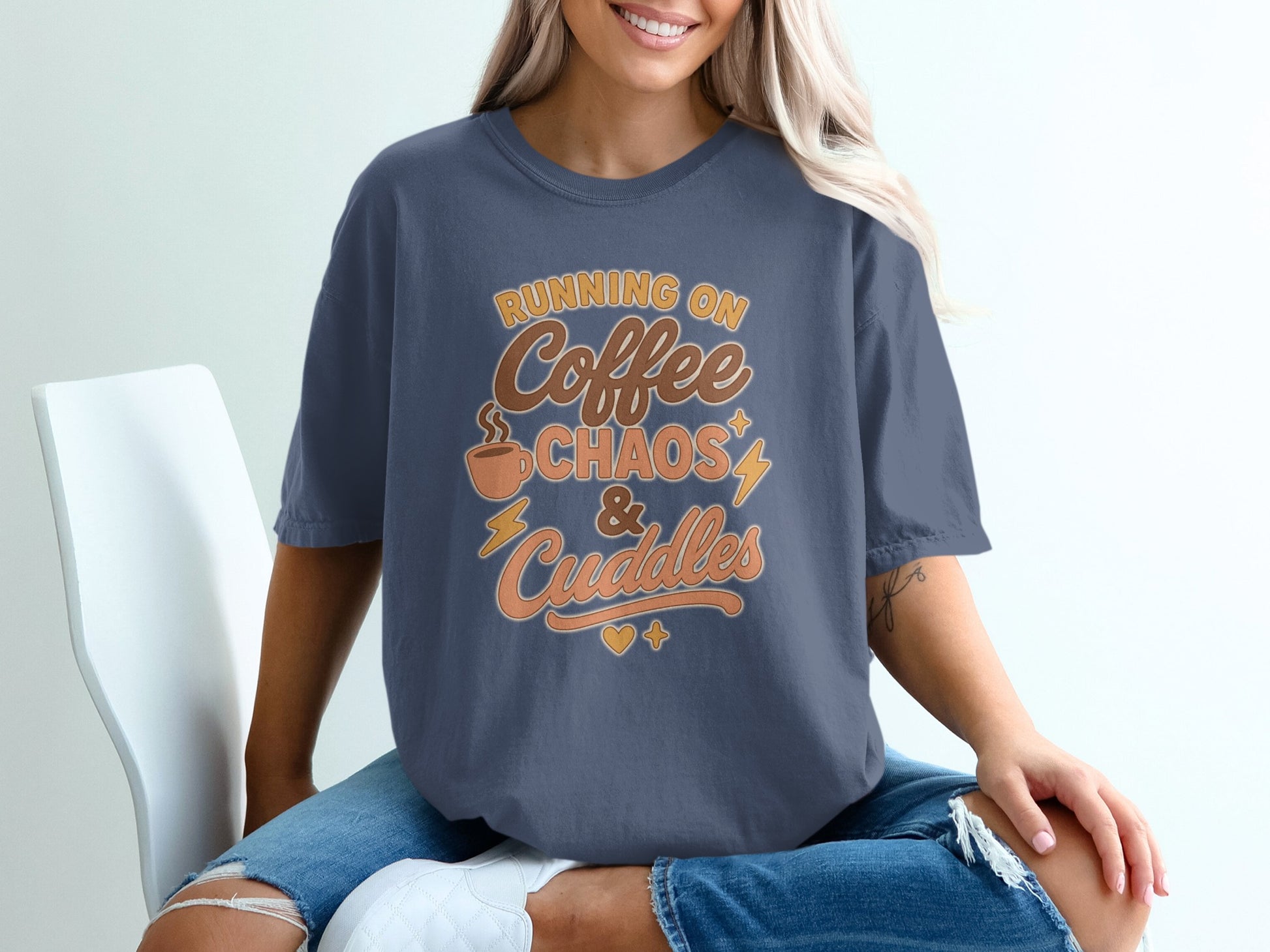 China Blue- Running on Coffee Chaos and Cuddles T-Shirt