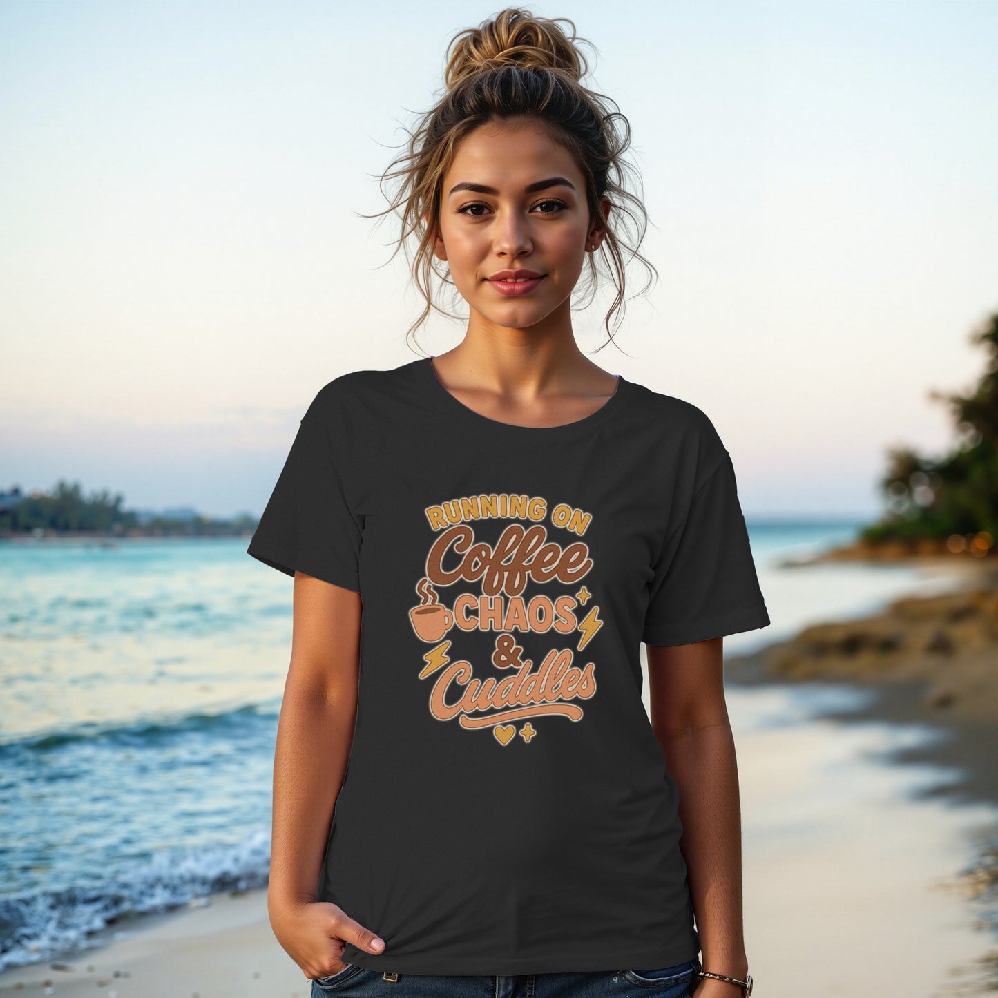 Black- Running on Coffee Chaos and Cuddles T-Shirt