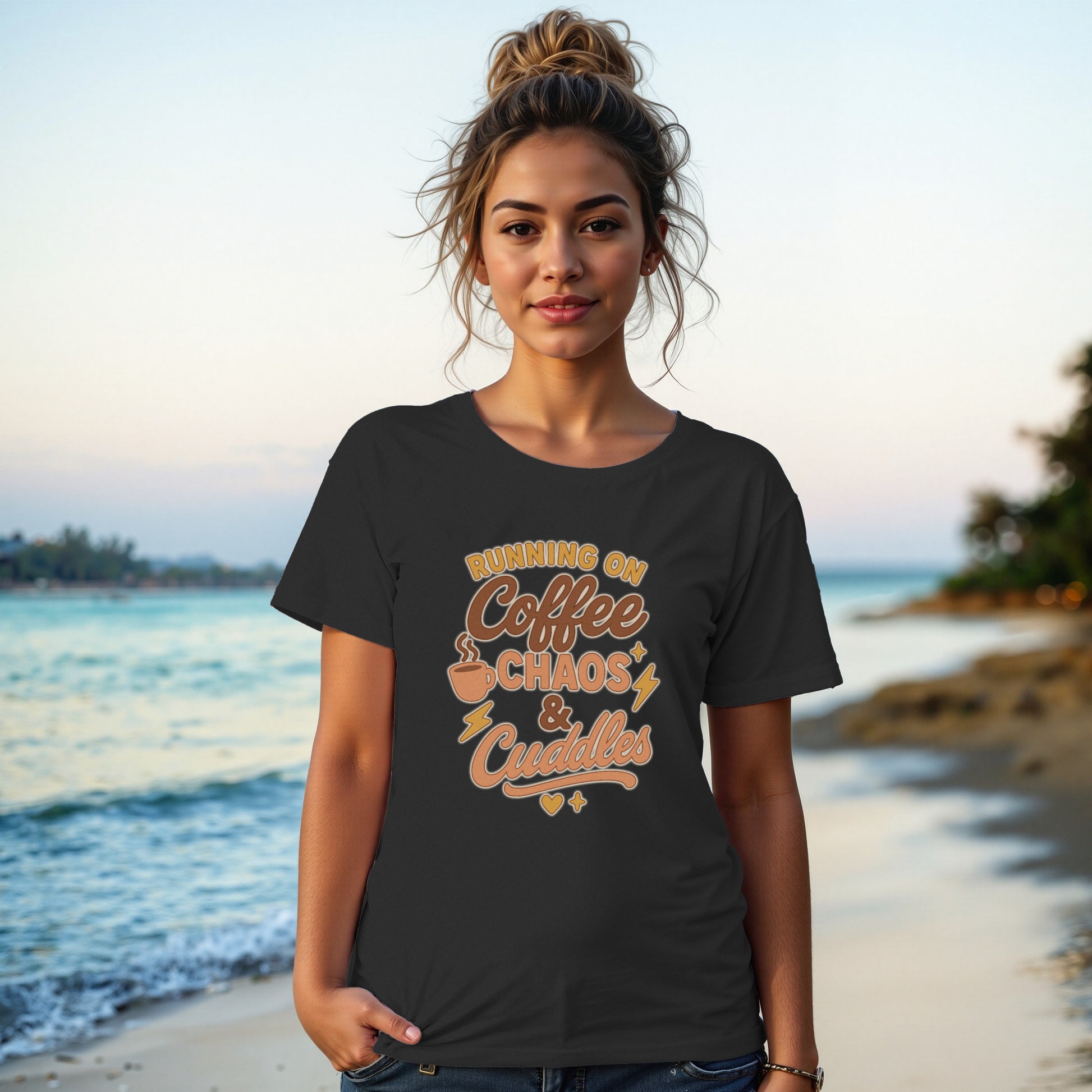 Black- Running on Coffee Chaos and Cuddles T-Shirt