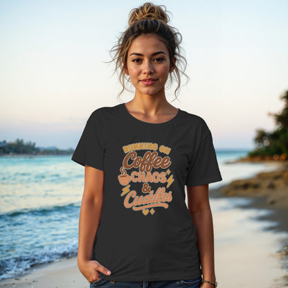 Black- Running on Coffee Chaos and Cuddles T-Shirt