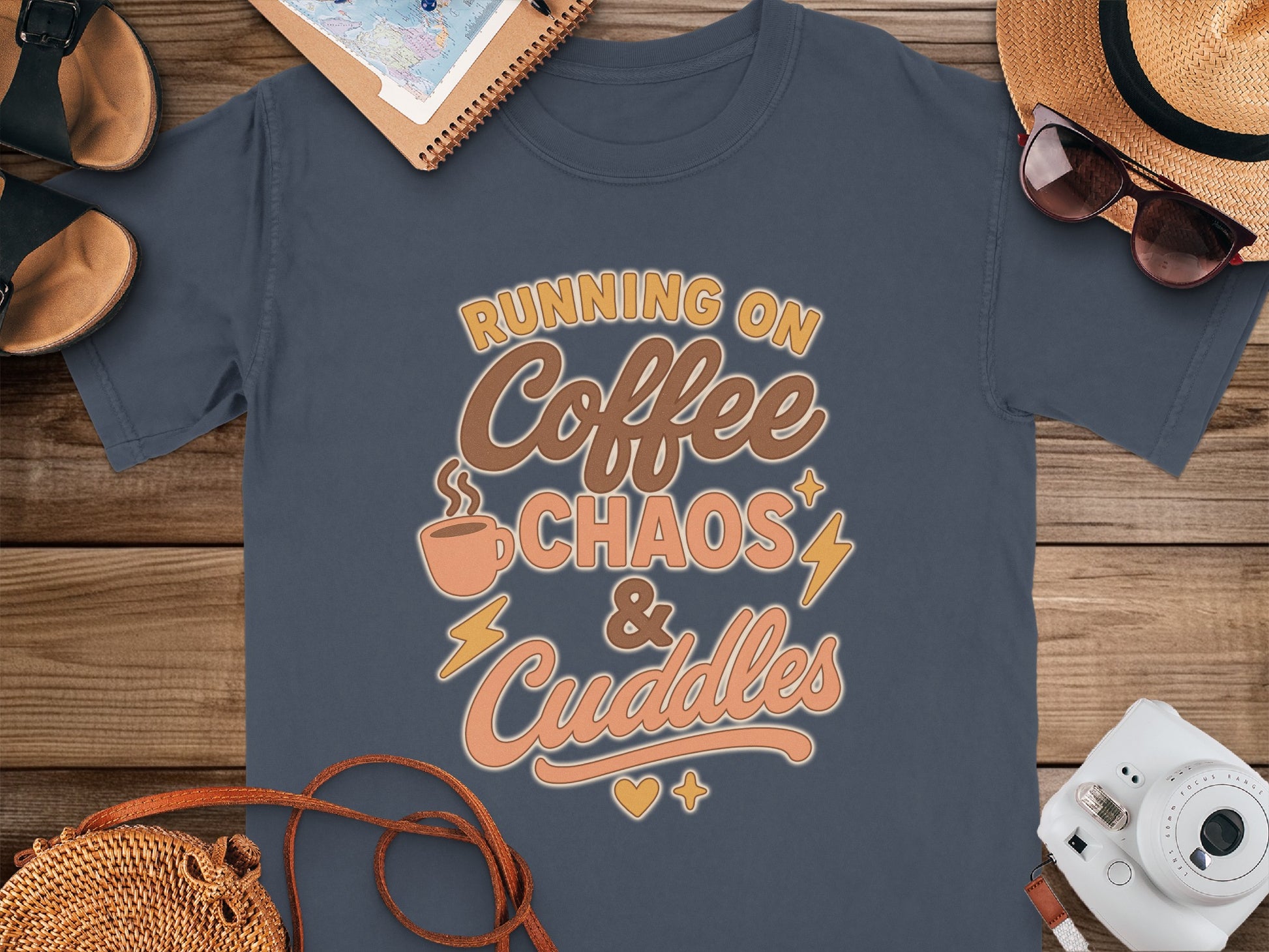 Navy- Running on Coffee Chaos and Cuddles T-shirt