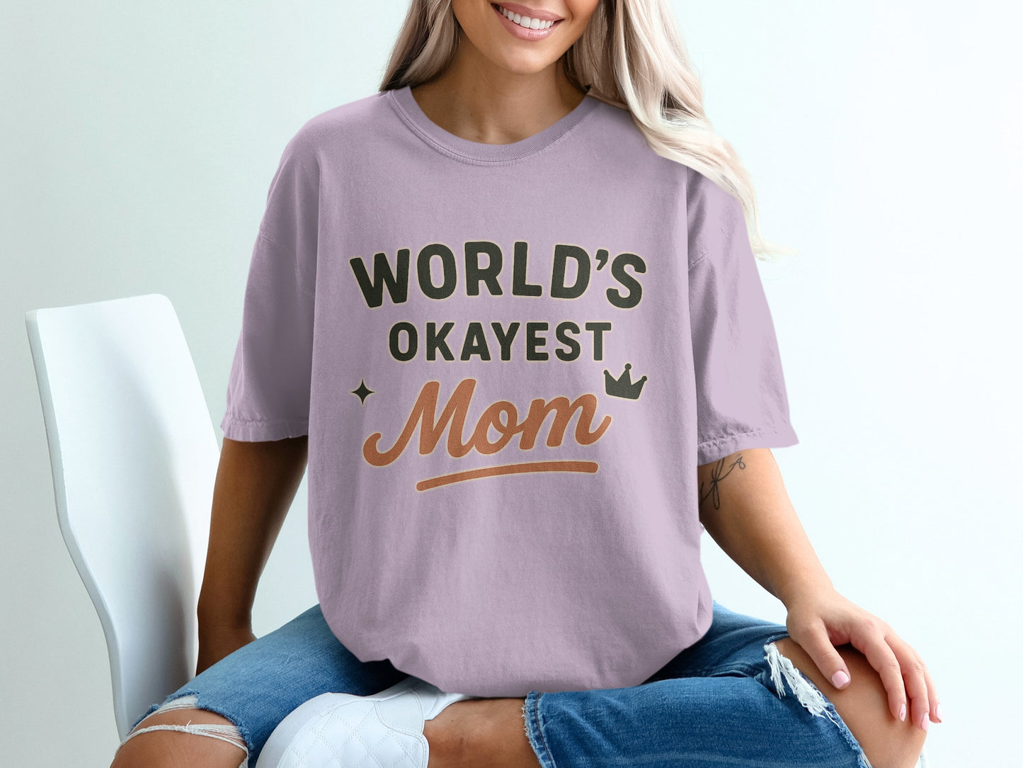 Orchid- World's Okayest Mom Funny Graphic T-Shirt