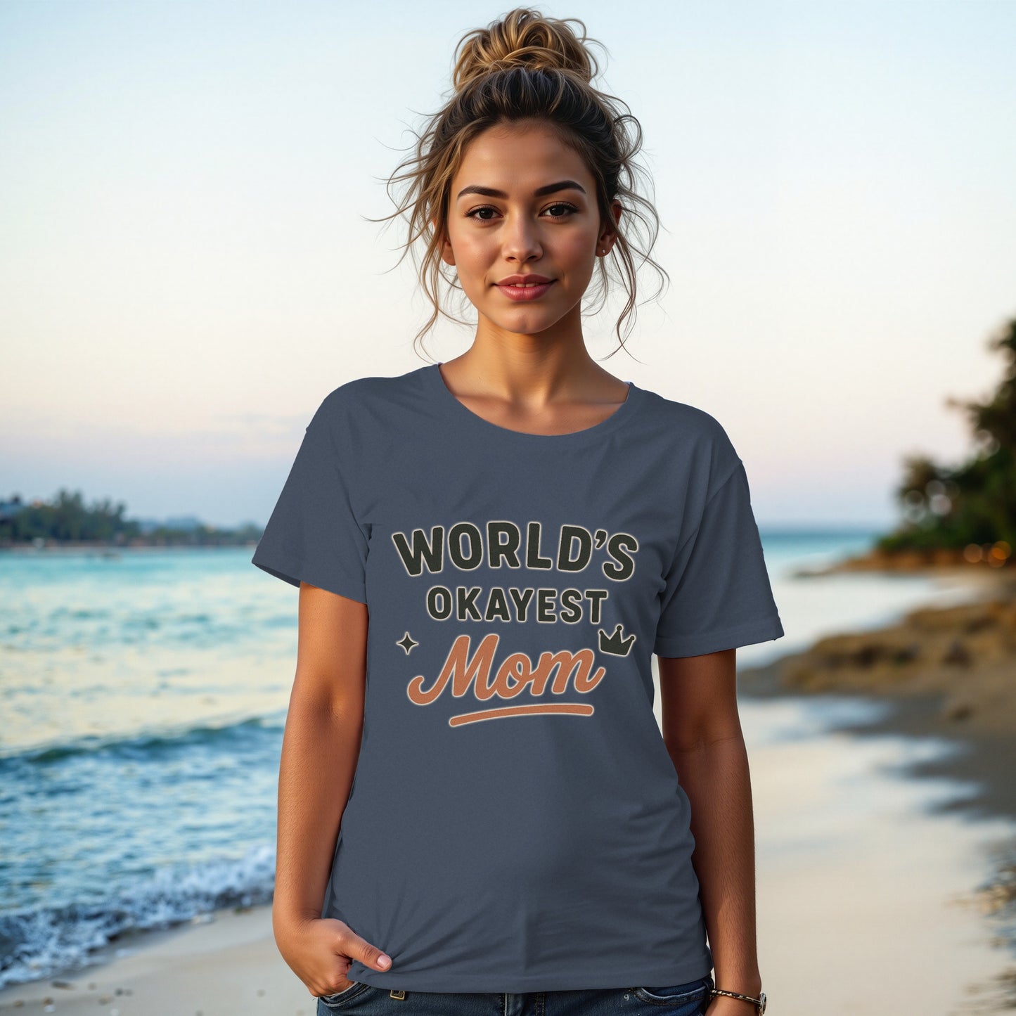 Navy- World's Okayest Mom Graphic T-Shirt for a Laid-Back Day
