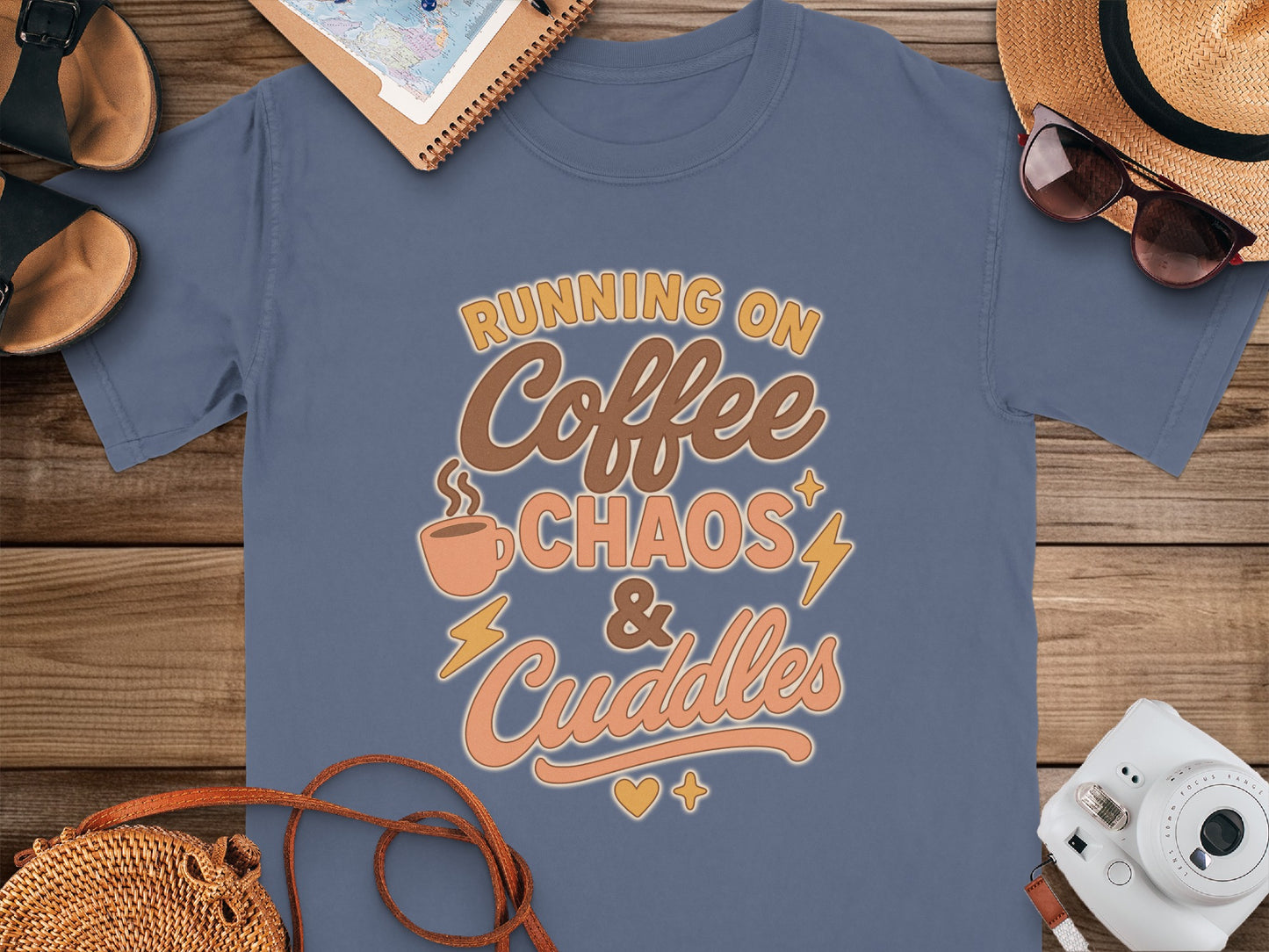 China Blue- Running on Coffee Chaos and Cuddles T-shirt