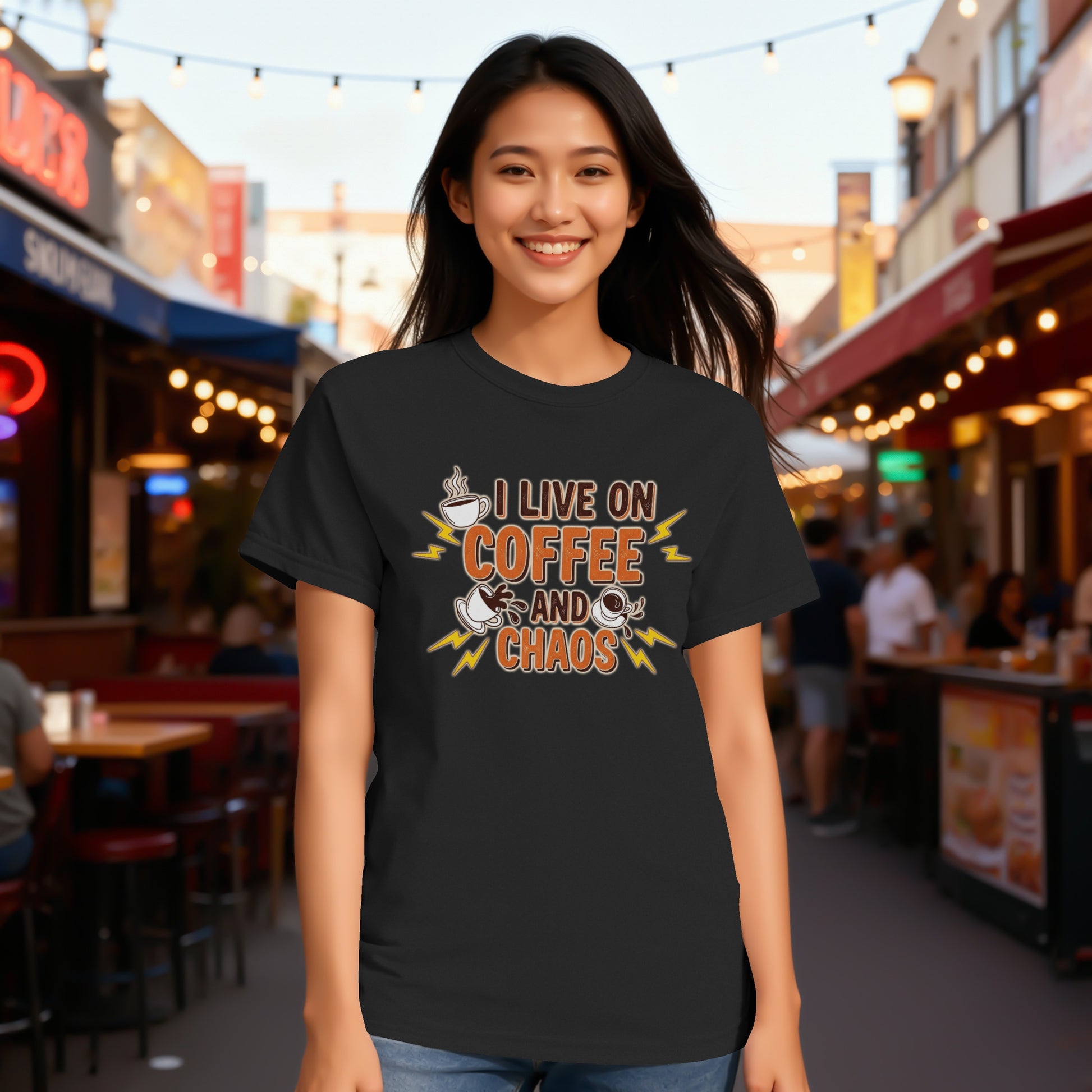 Black- I Live On Coffee And Chaos Graphic T-Shirt