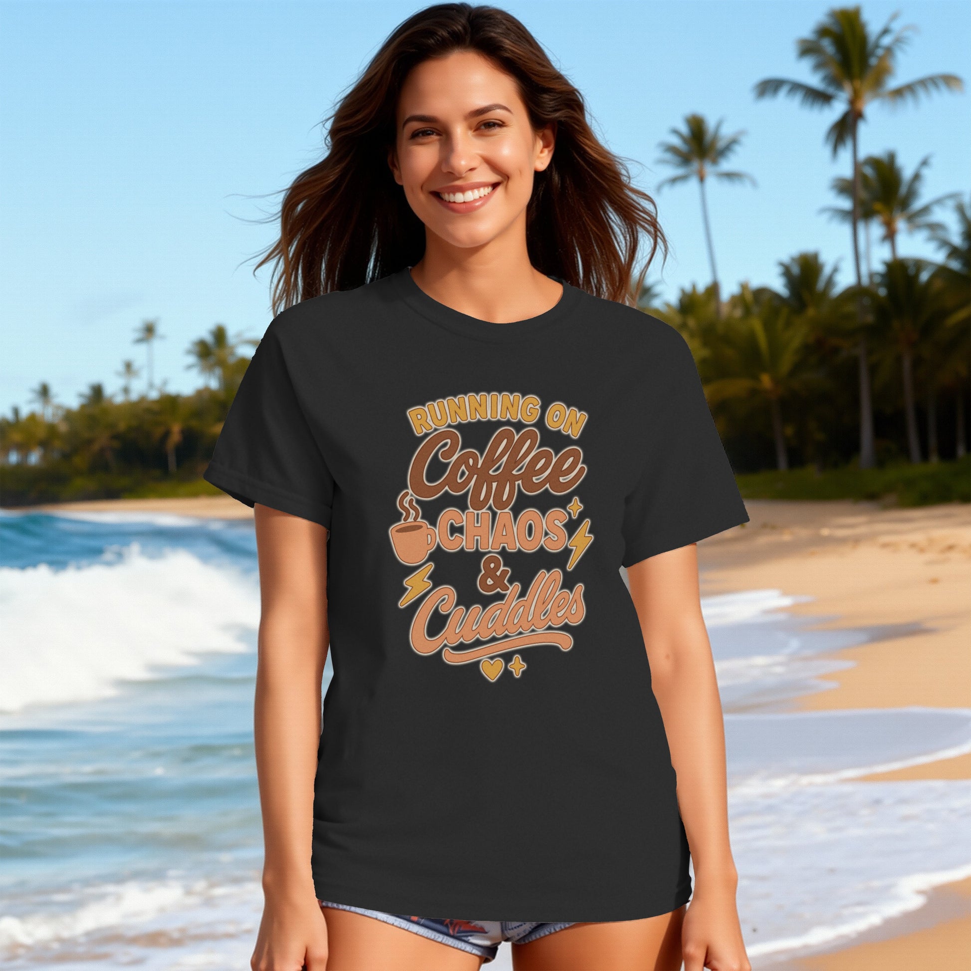 Black- Running on Coffee Chaos and Cuddles T-shirt