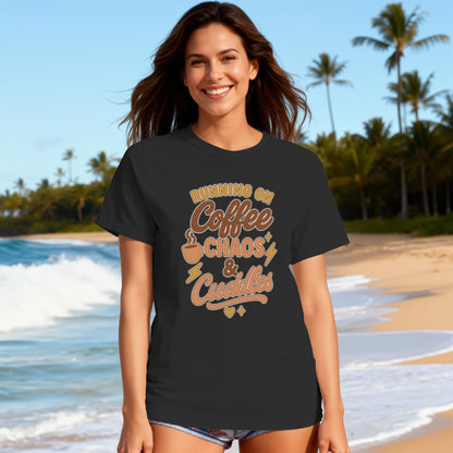 Black- Running on Coffee Chaos and Cuddles T-shirt