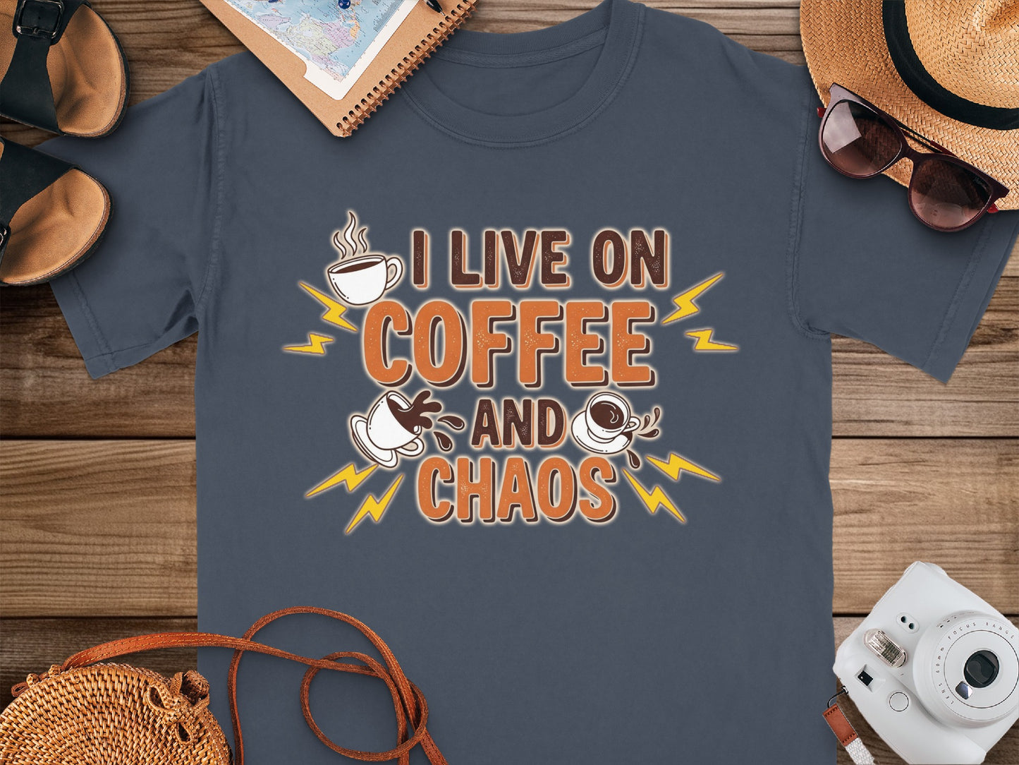 Navy- I Live on Coffee and Chaos Graphic T-Shirt