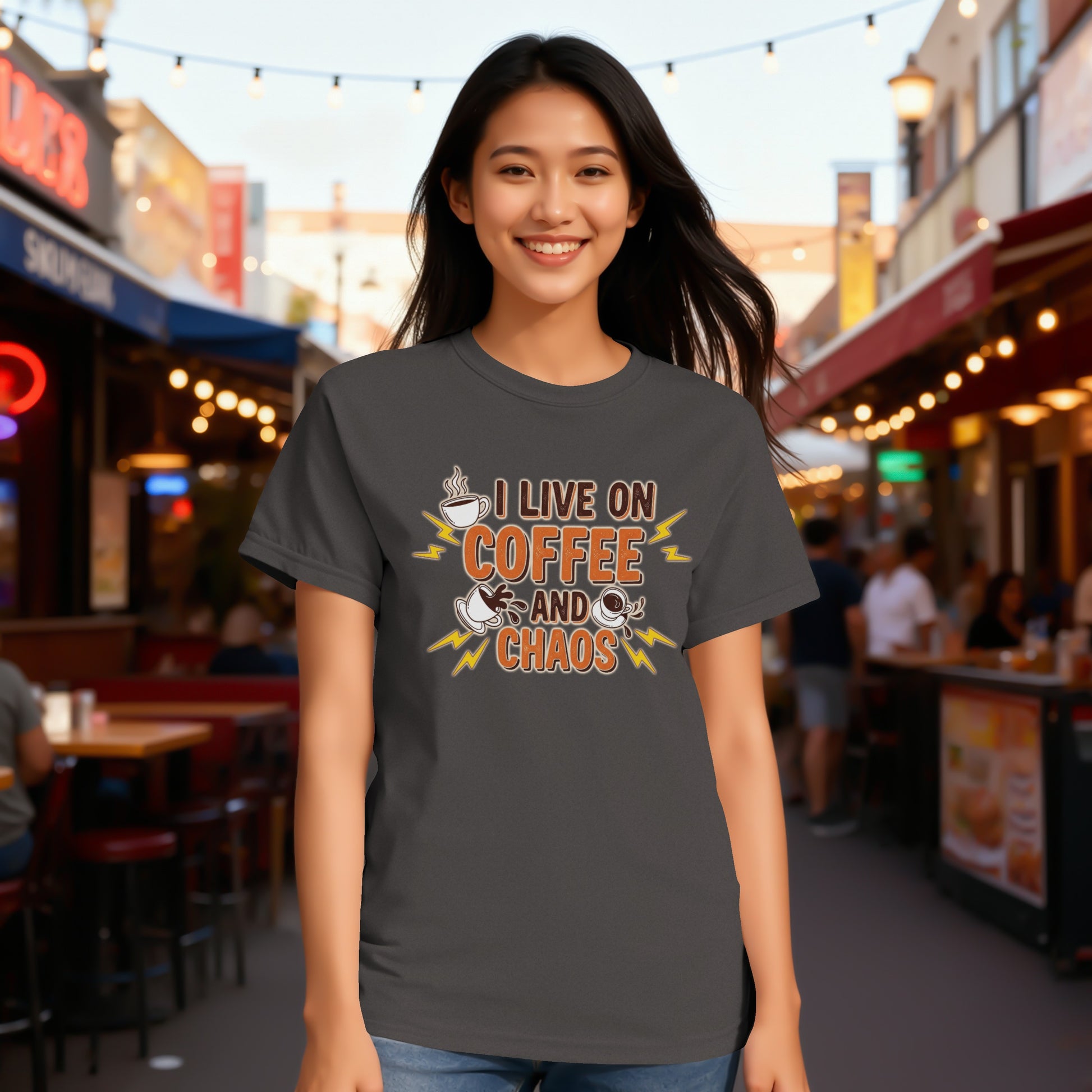 Graphite- I Live On Coffee and Chaos T-Shirt for Coffee Lovers