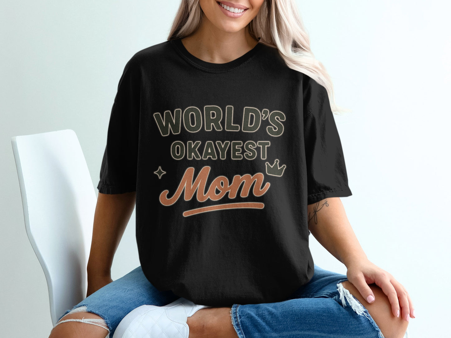 Black- World's Okayest Mom Graphic T-Shirt for Women