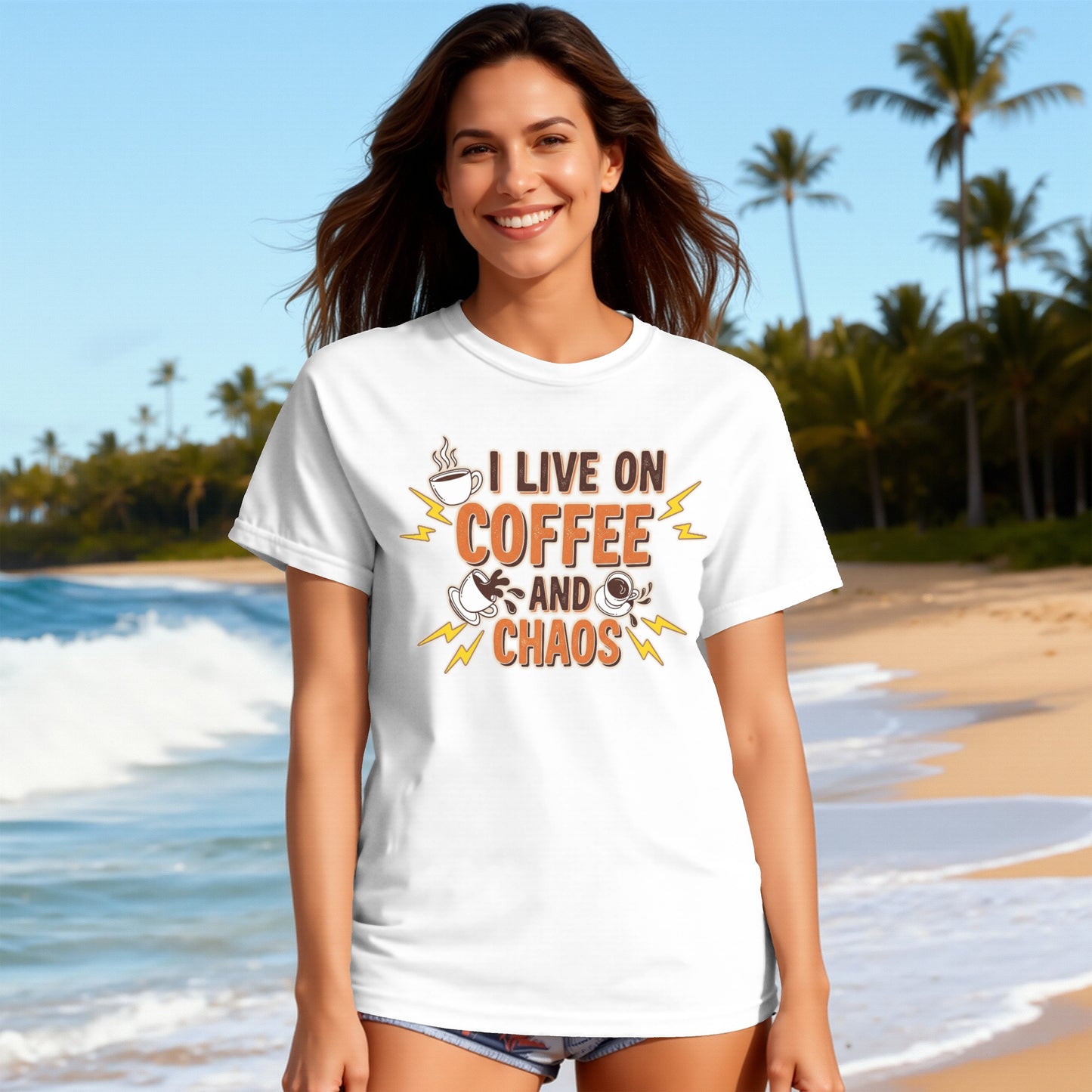 White- I Live on Coffee and Chaos Graphic T-Shirt