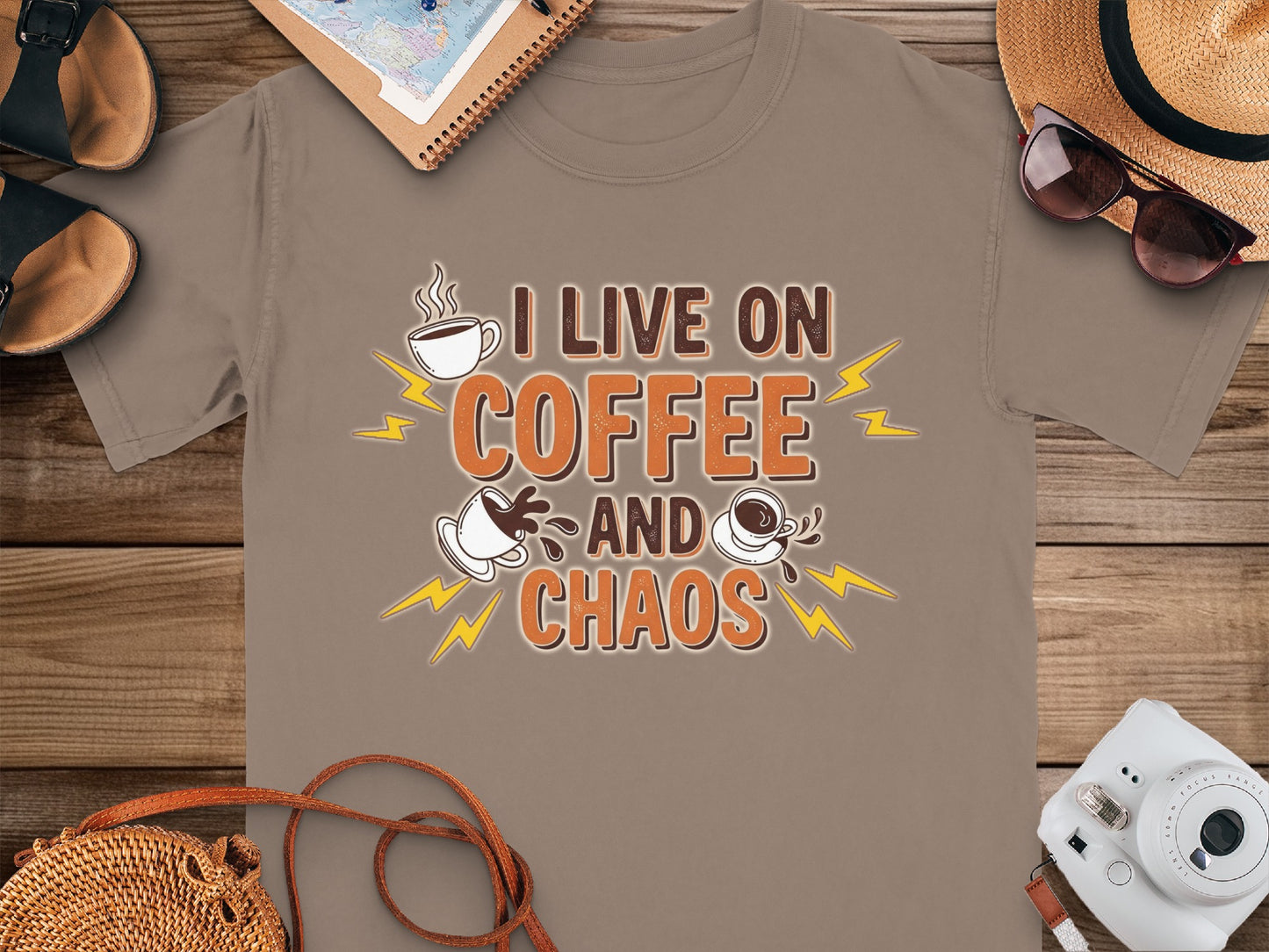 Espresso- I Live On Coffee and Chaos Funny Graphic T-Shirt