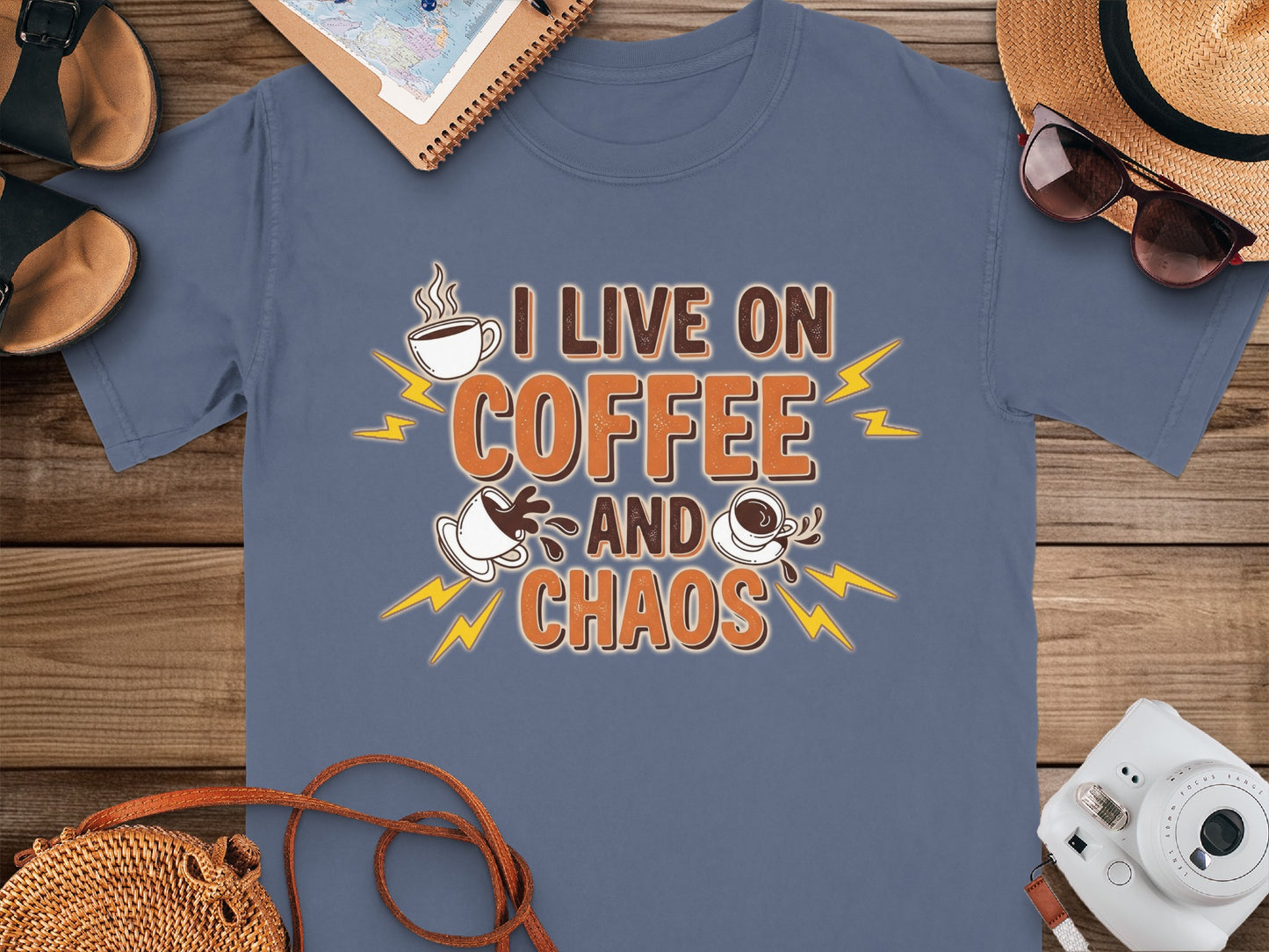 China Blue- I Live on Coffee and Chaos Graphic T-Shirt