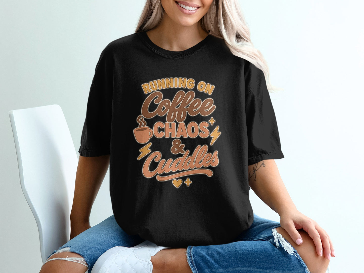 Black- Running On Coffee Chaos and Cuddles T-Shirt