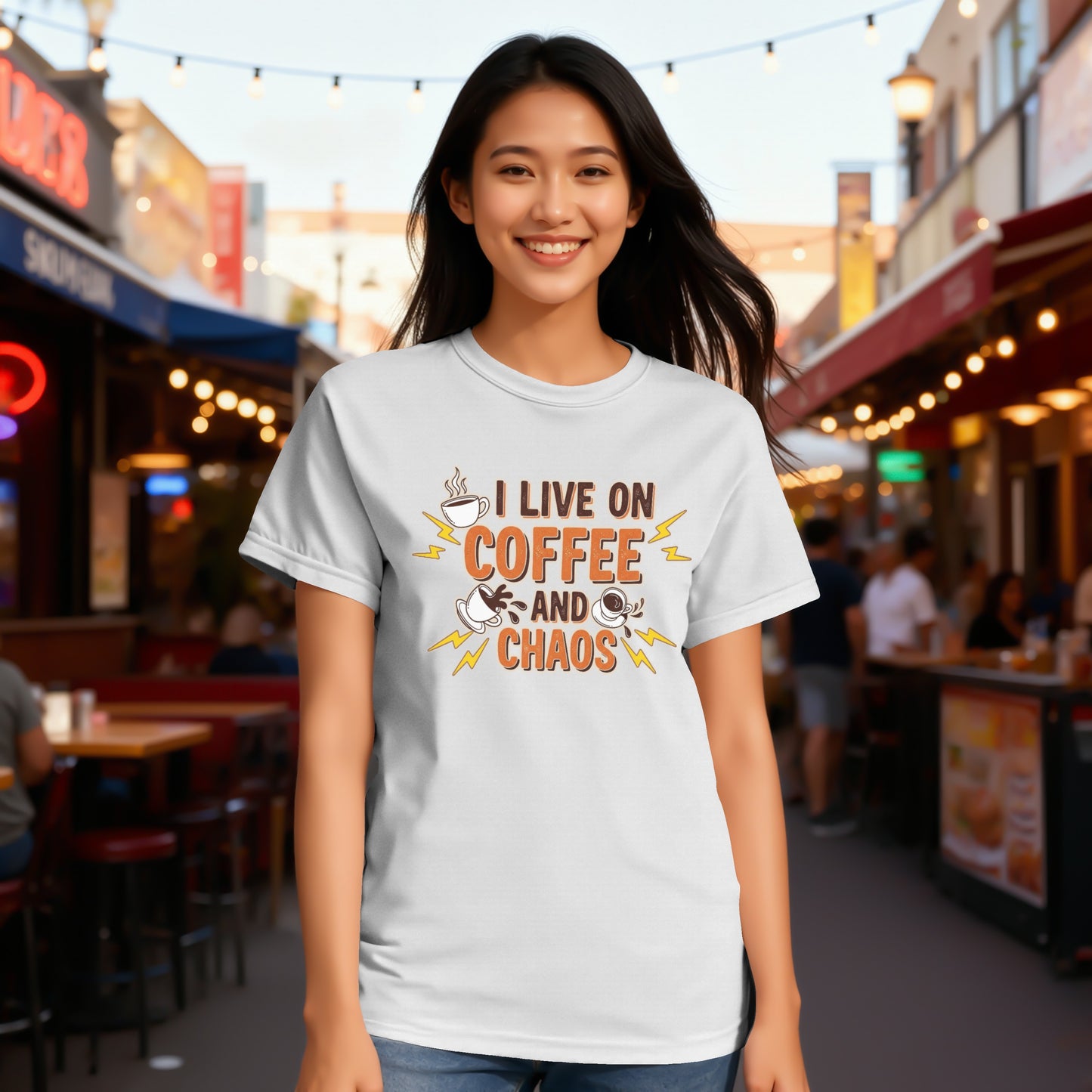 White- I Live On Coffee And Chaos Fun Graphic T-shirt