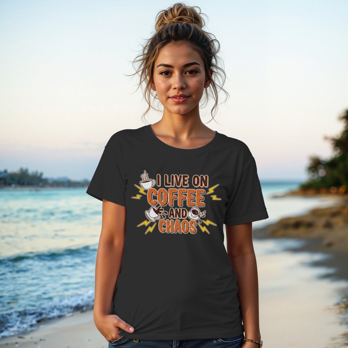 Black- I Live on Coffee and Chaos Graphic Tee shirt