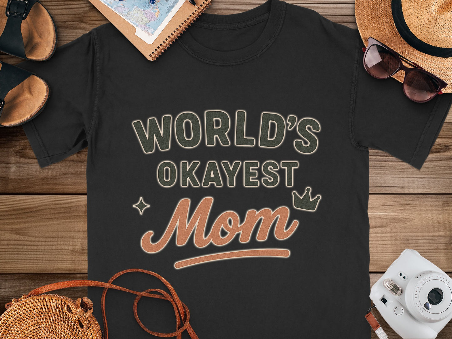 Black- World's Okayest Mom Printed Shirt for Mother's Day