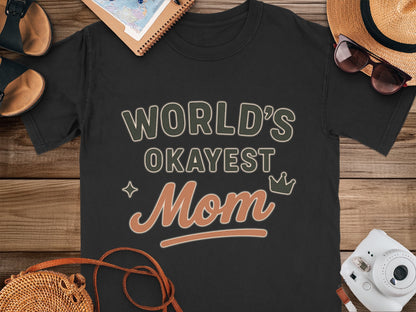 Black- World's Okayest Mom Printed Shirt for Mother's Day