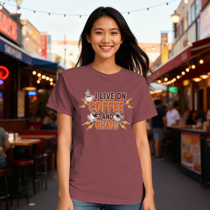 Chili- I Live On Coffee And Chaos Graphic T-Shirt