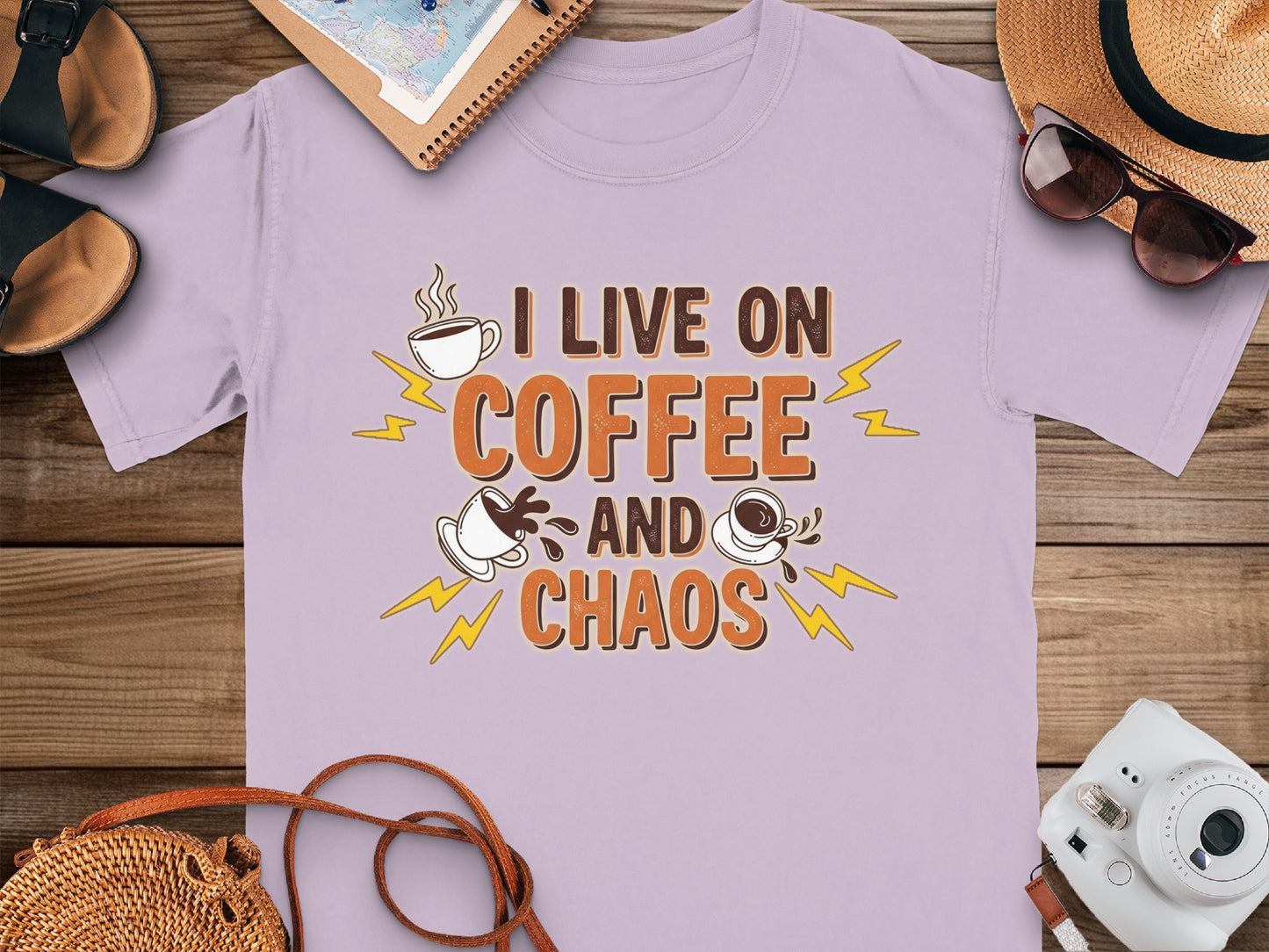 Orchid- I Live on Coffee and Chaos Casual Wear Tee