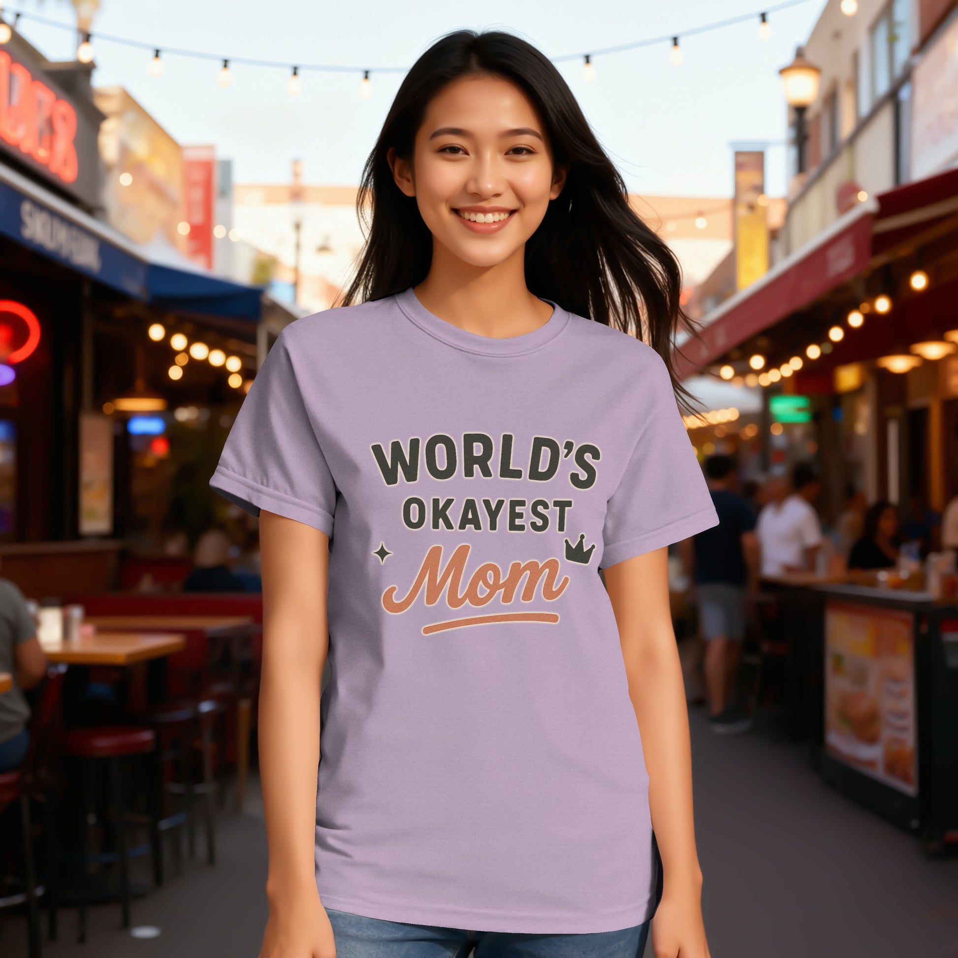 Orchid- World's Okayest Mom Graphic Tee For a Humorous Style