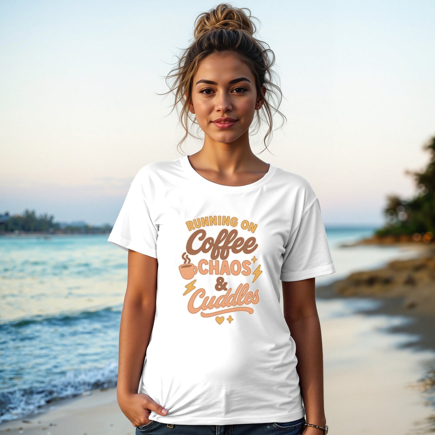 White- Running on Coffee Chaos and Cuddles T-shirt