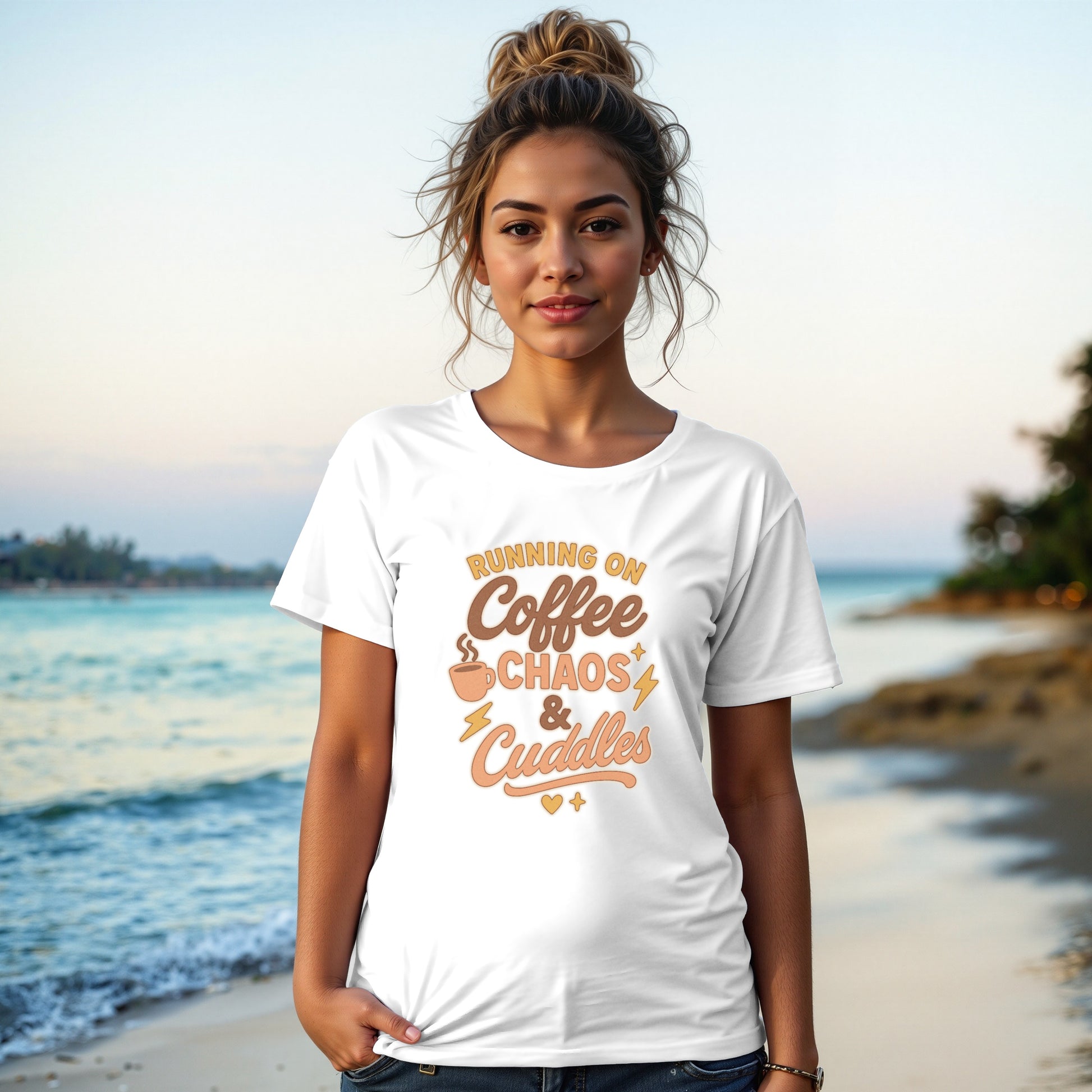 White- Running on Coffee Chaos and Cuddles T-shirt