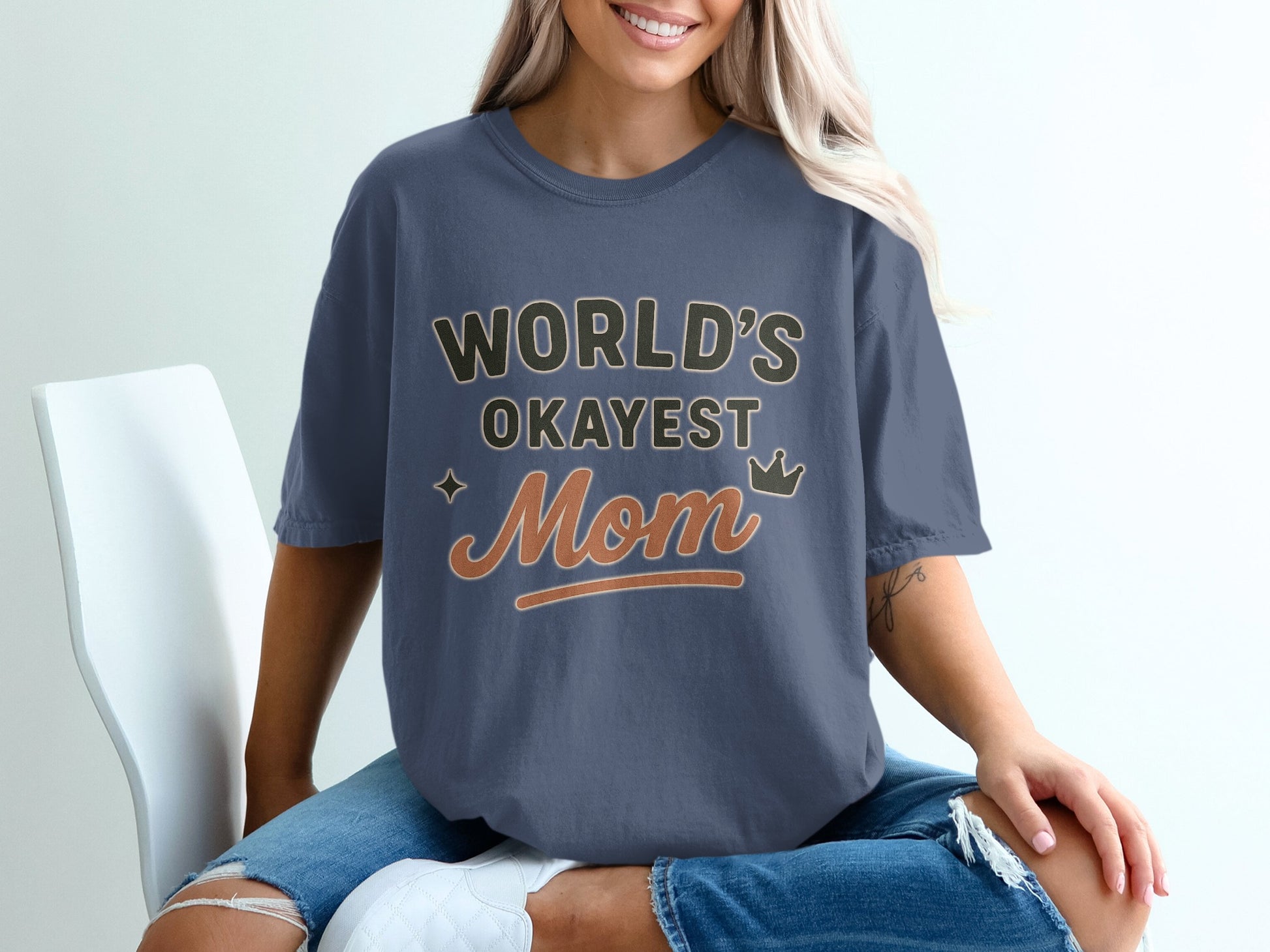 China Blue- World's Okayest Mom Graphic T-Shirt for Mother's Day