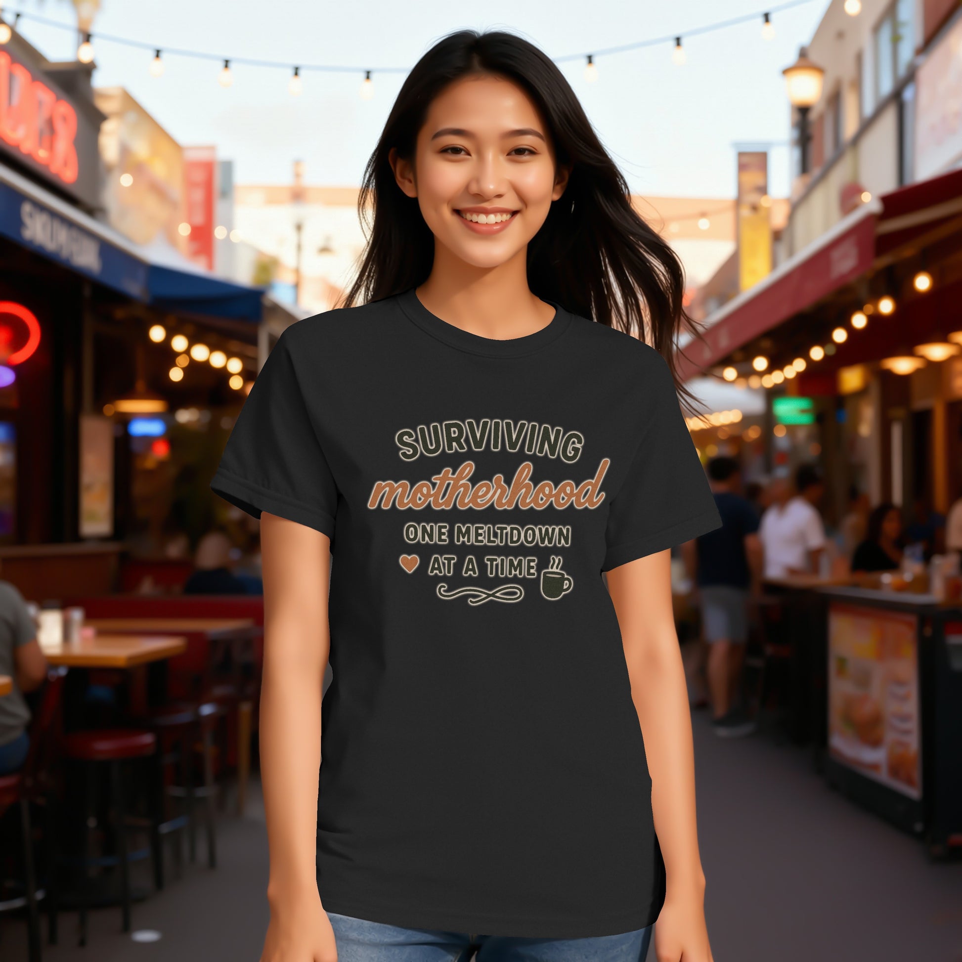 Black- Surviving Motherhood One Meltdown at a Time T-shirt