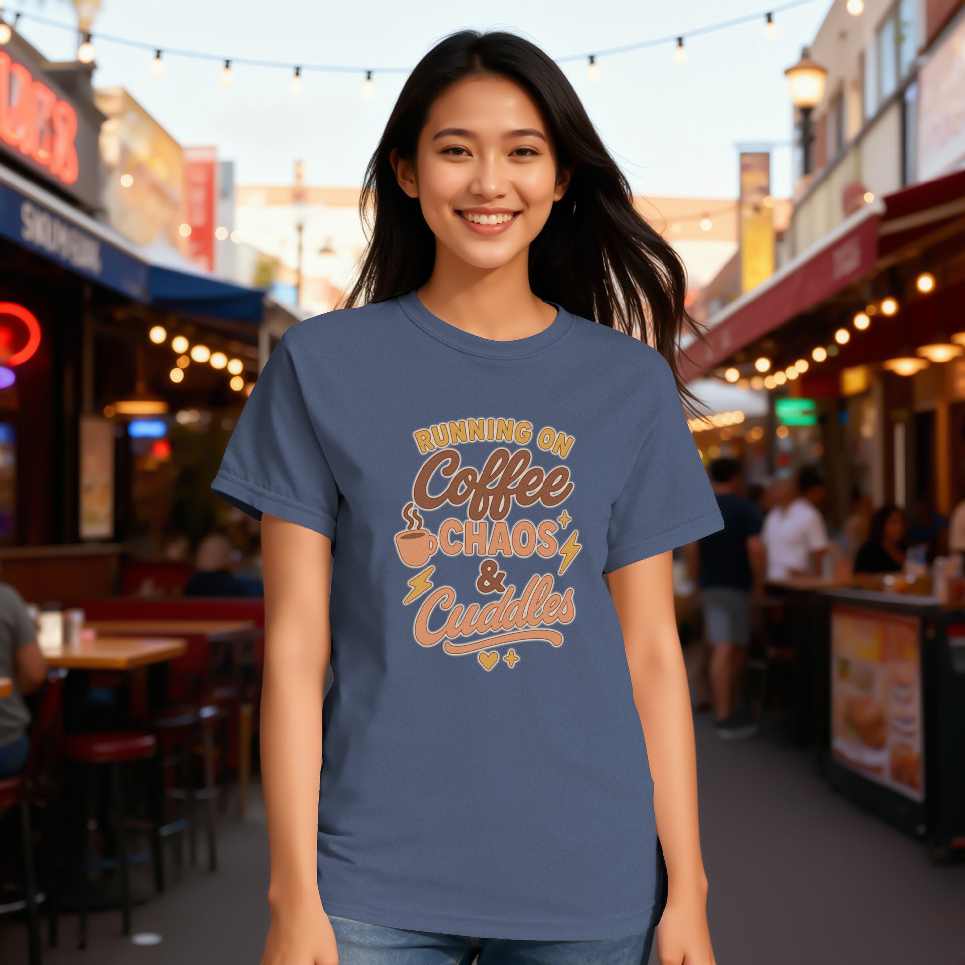 China Blue- Running on Coffee Chaos and Cuddles T-shirt