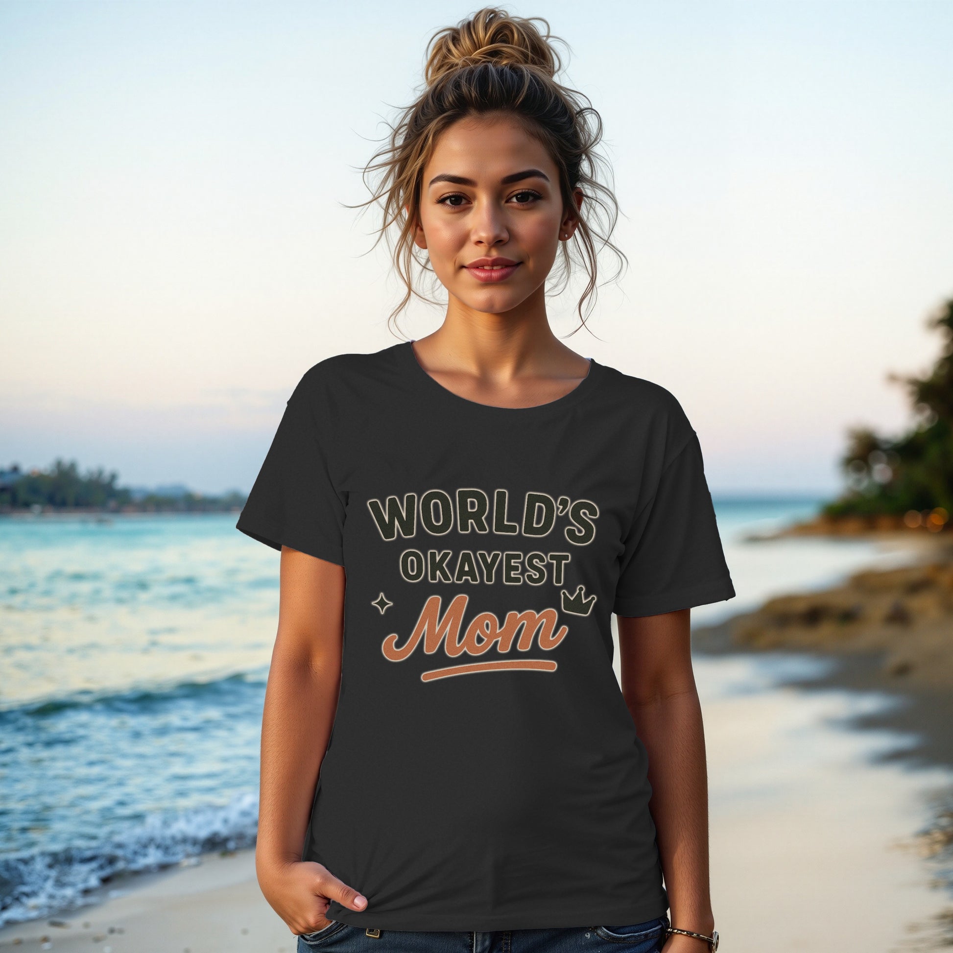 Black- World's Okayest Mom Graphic Tee for Casual Wear