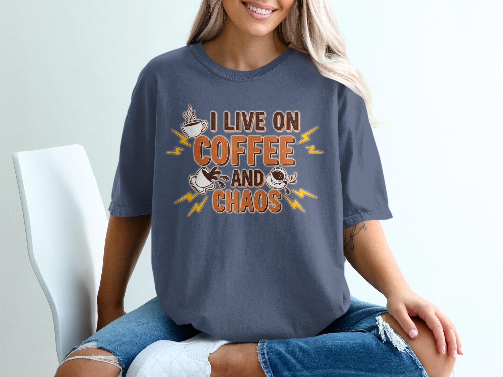 China Blue- I Live On Coffee and Chaos Graphic T-Shirt