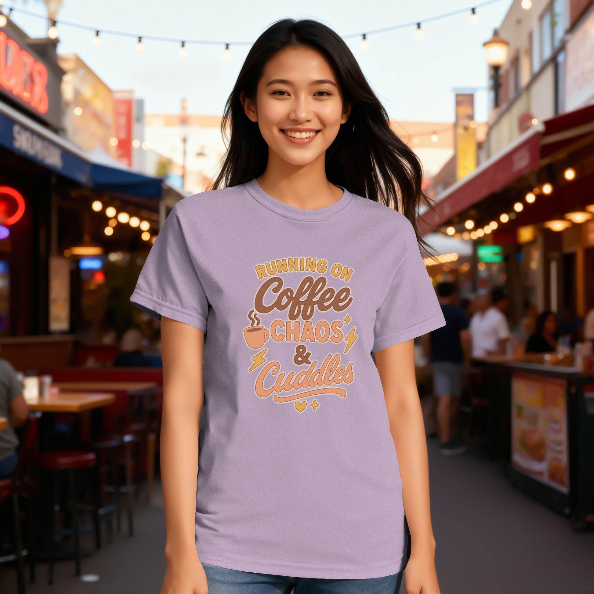 Orchid- Running on Coffee Chaos and Cuddles Graphic T-Shirt