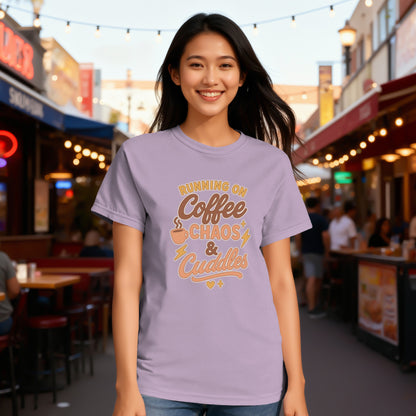 Orchid- Running on Coffee Chaos and Cuddles Graphic T-Shirt