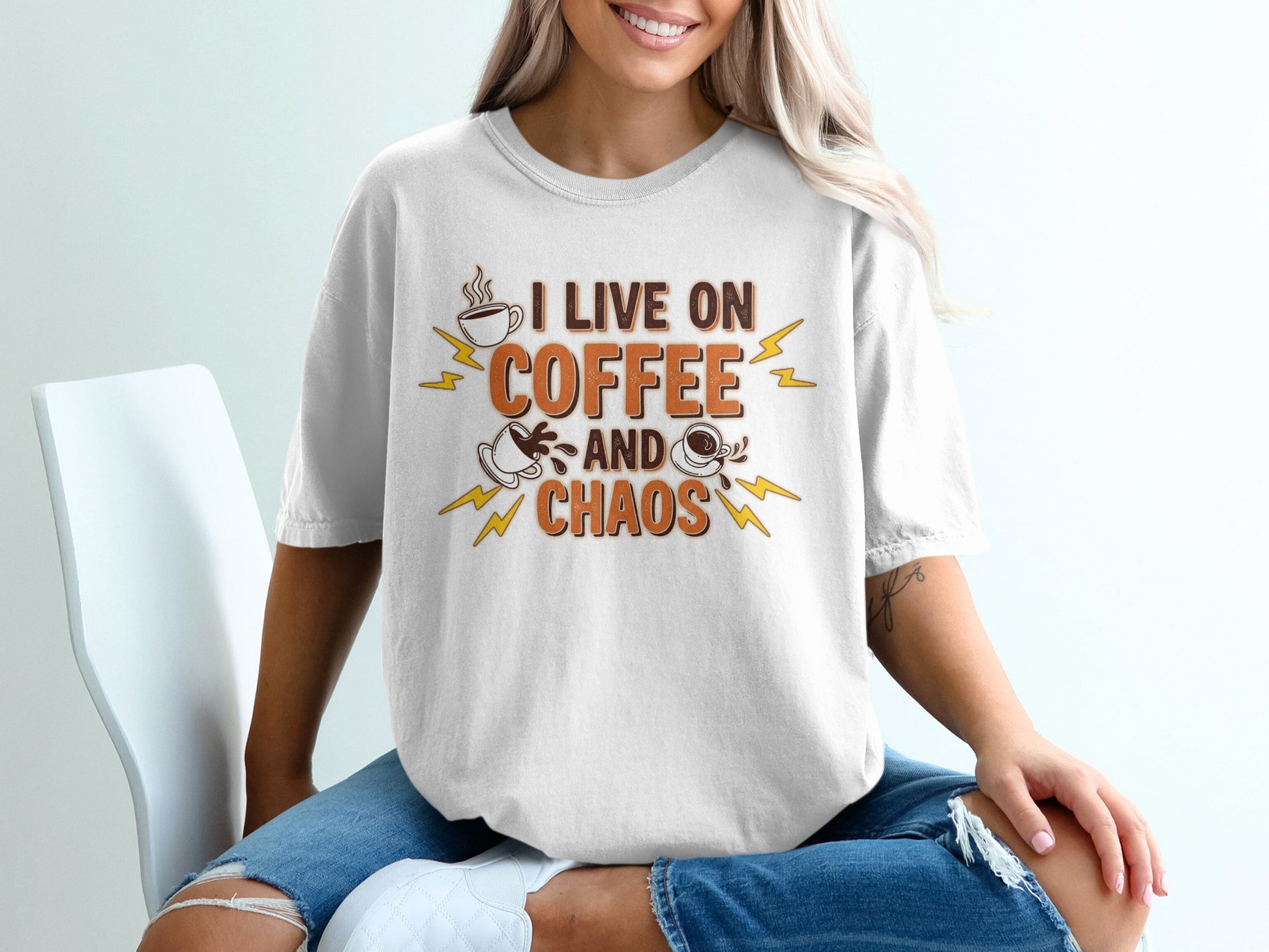 White- I Live On Coffee And Chaos Funny Graphic Tee