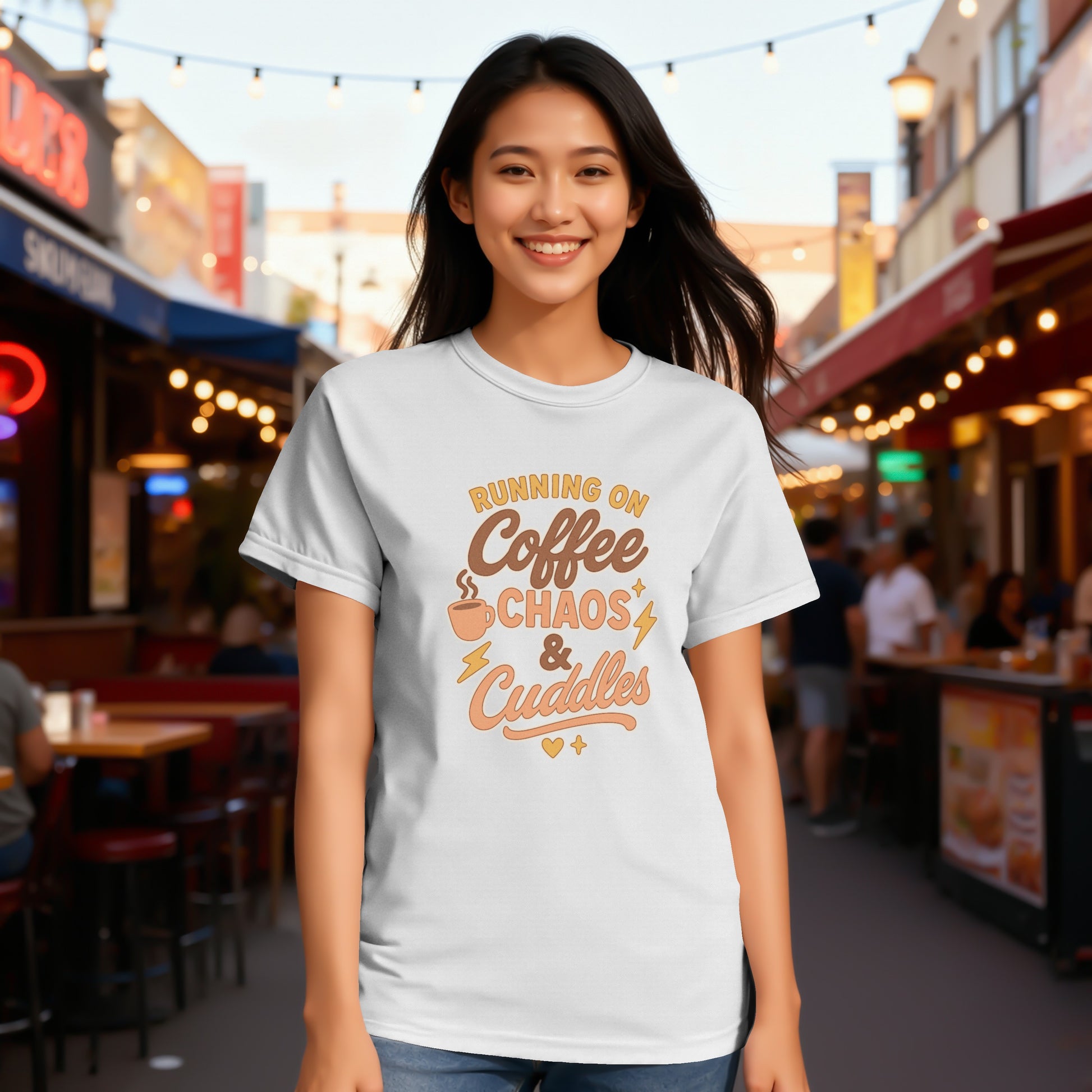 White- Running on Coffee Chaos and Cuddles t-shirt