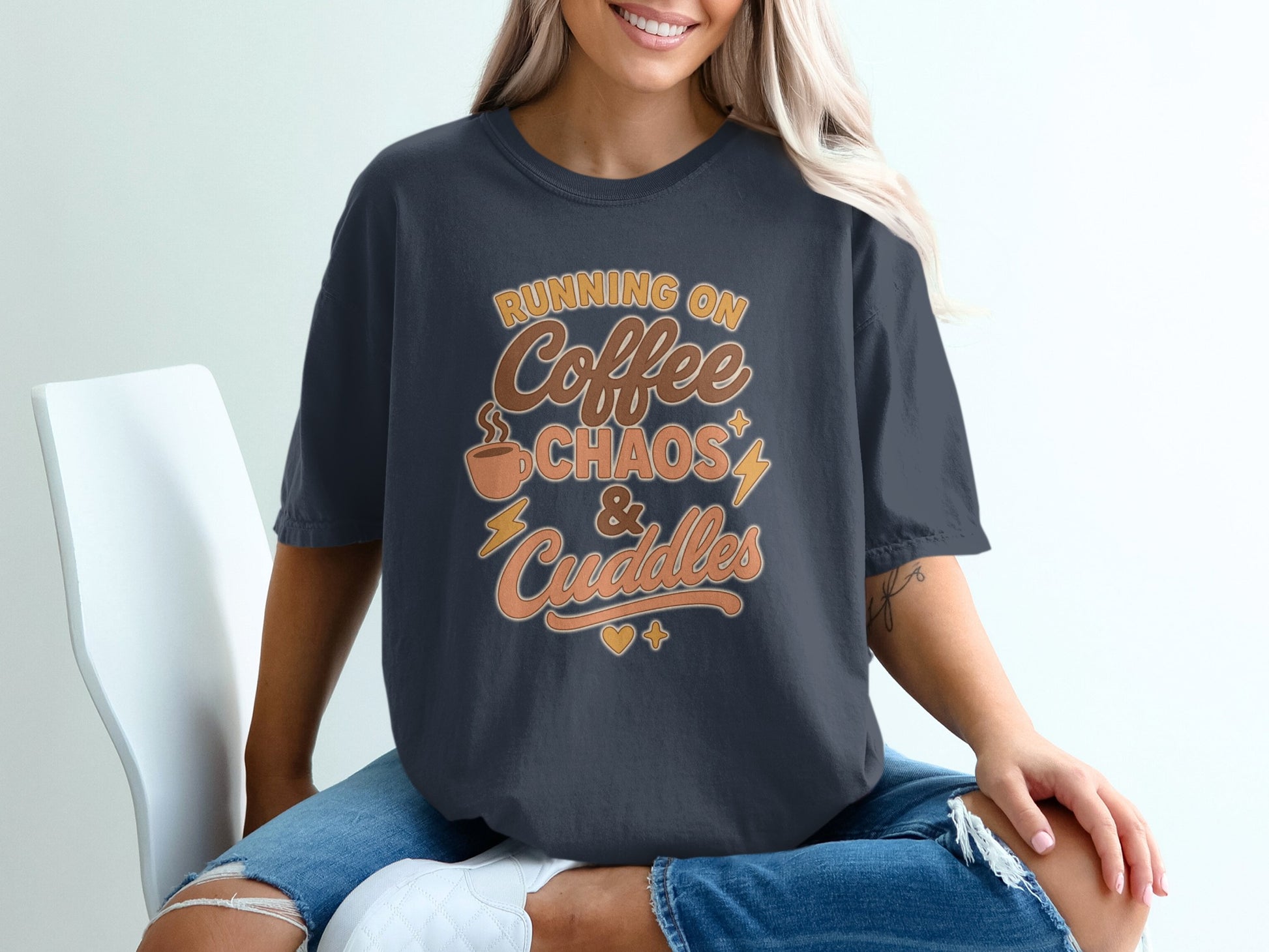 Navy- Running on Coffee Chaos and Cuddles shirt