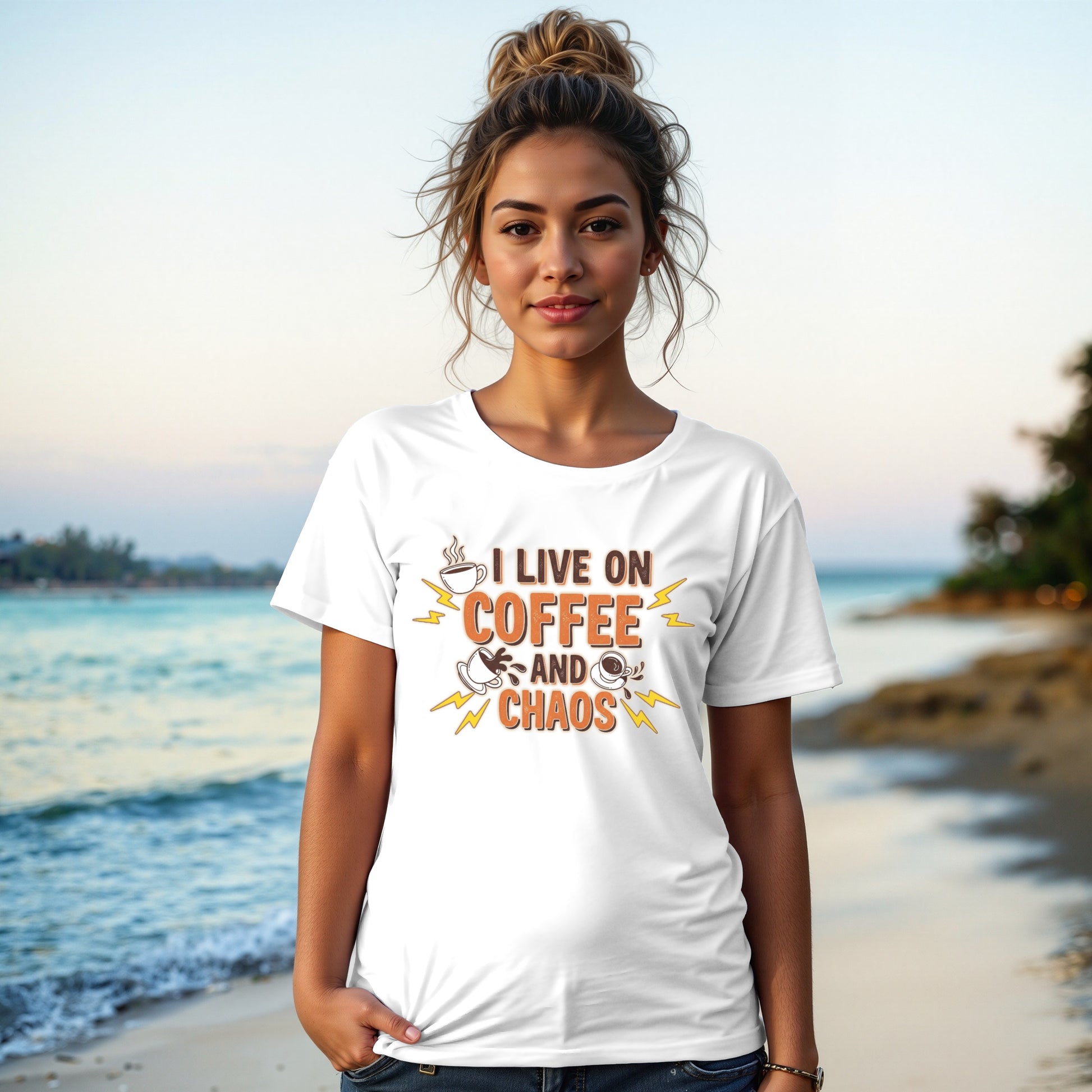 White- I Live On Coffee And Chaos Tee Perfect For Coffee Lovers