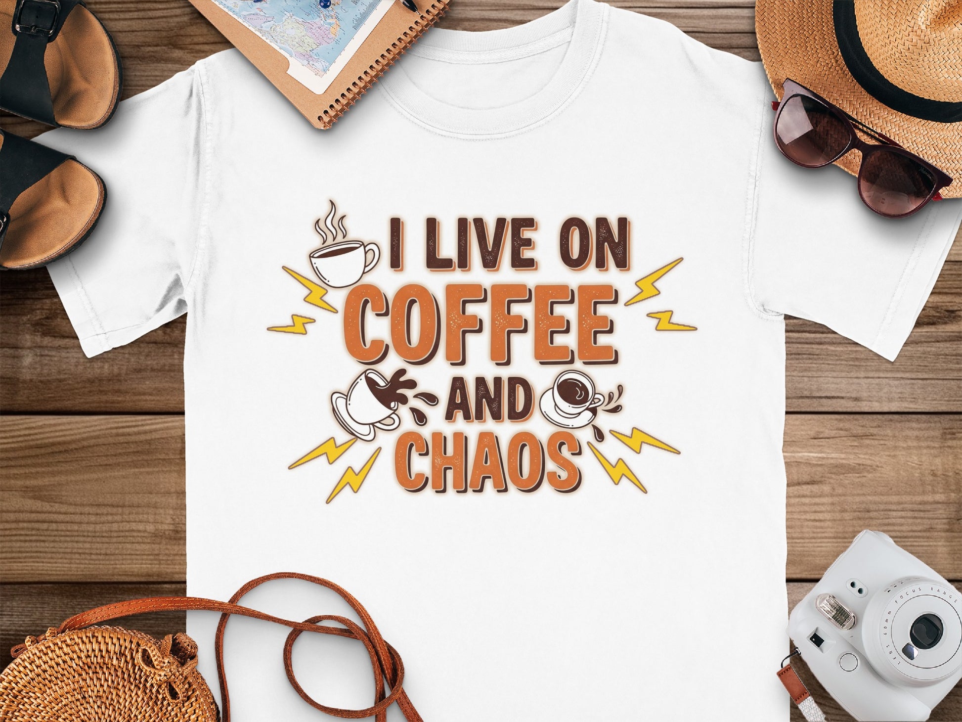 White- I Live On Coffee And Chaos Graphic Shirt