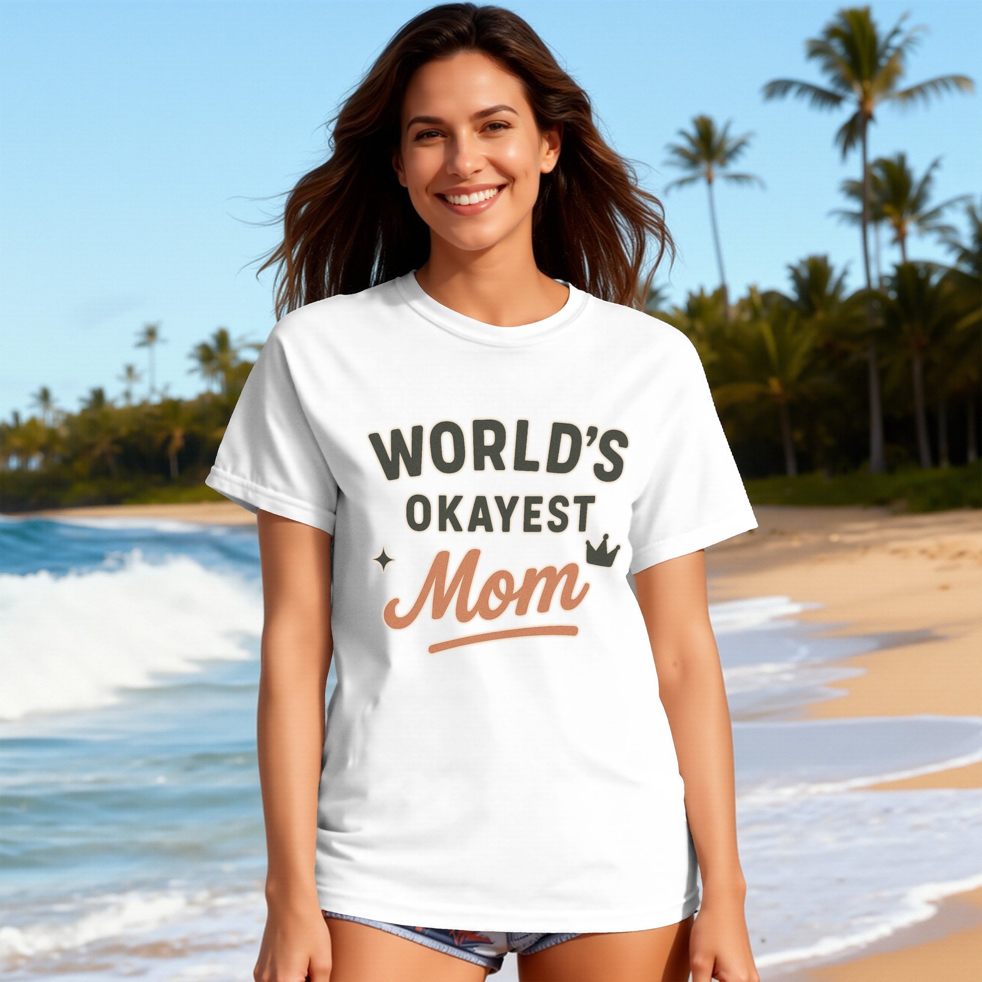 White- World's Okayest Mom Shirt with Crown Design