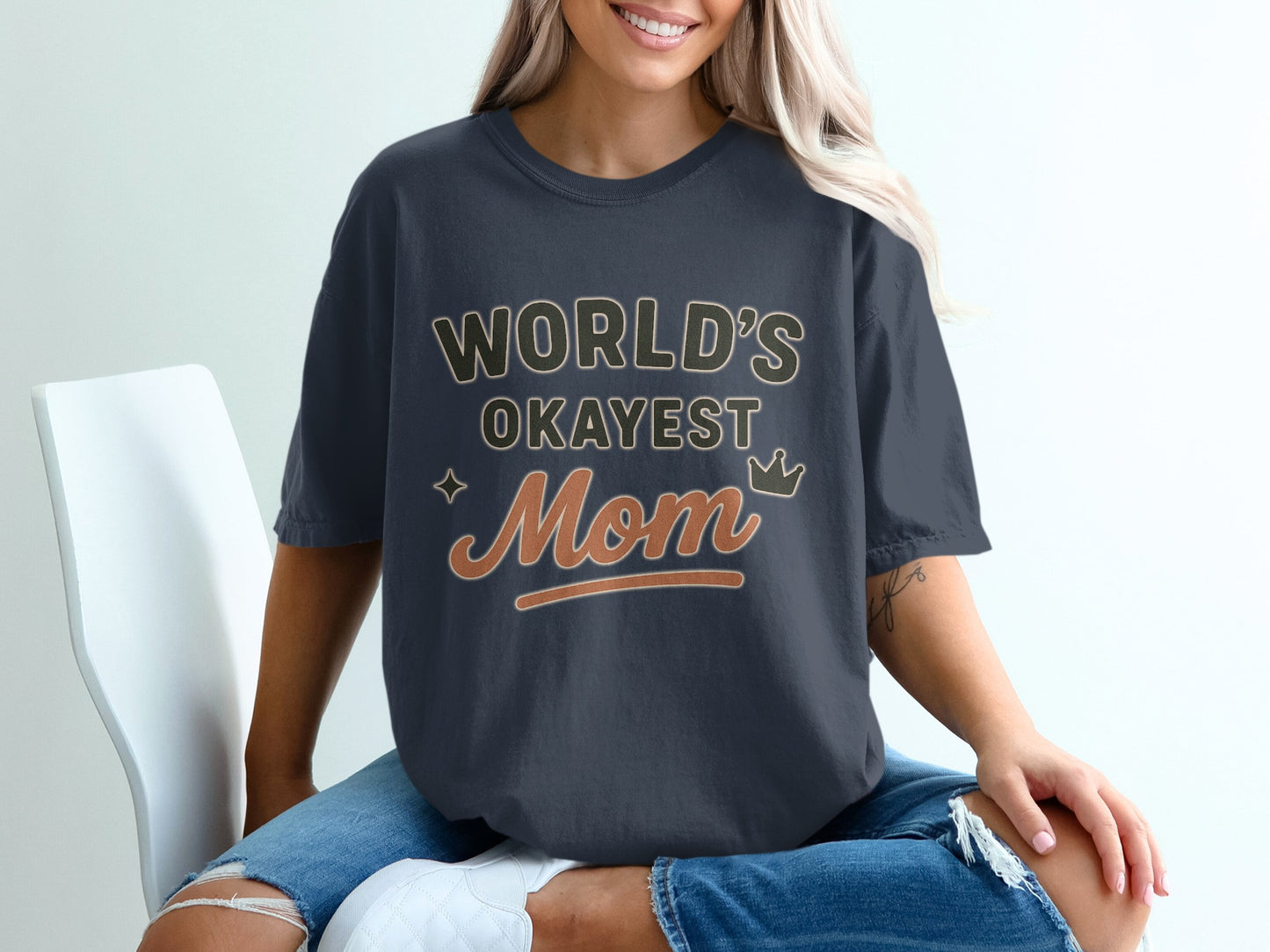 Navy- World's Okayest Mom Graphic T-Shirt