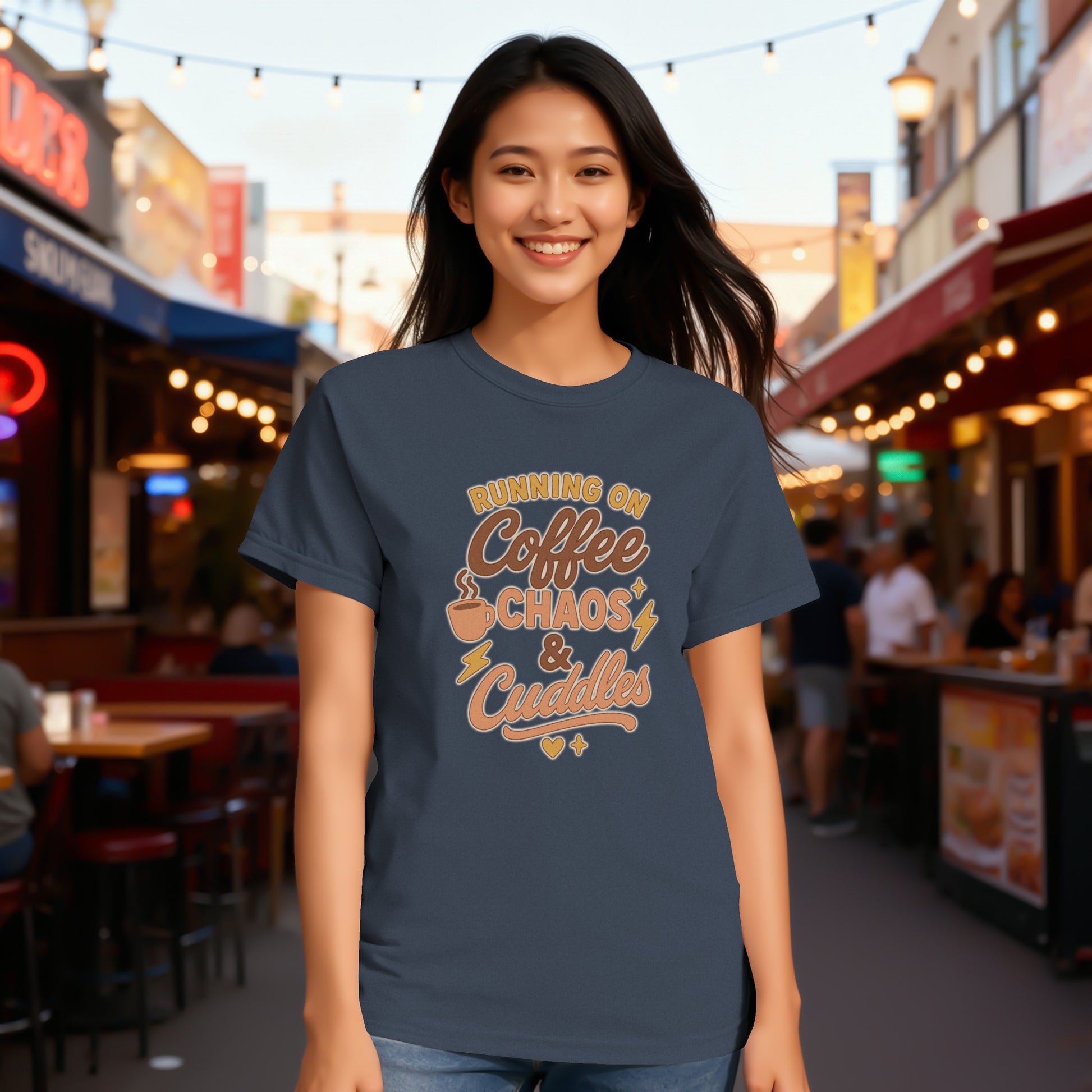 Navy- Running on Coffee Chaos and Cuddles T-Shirt