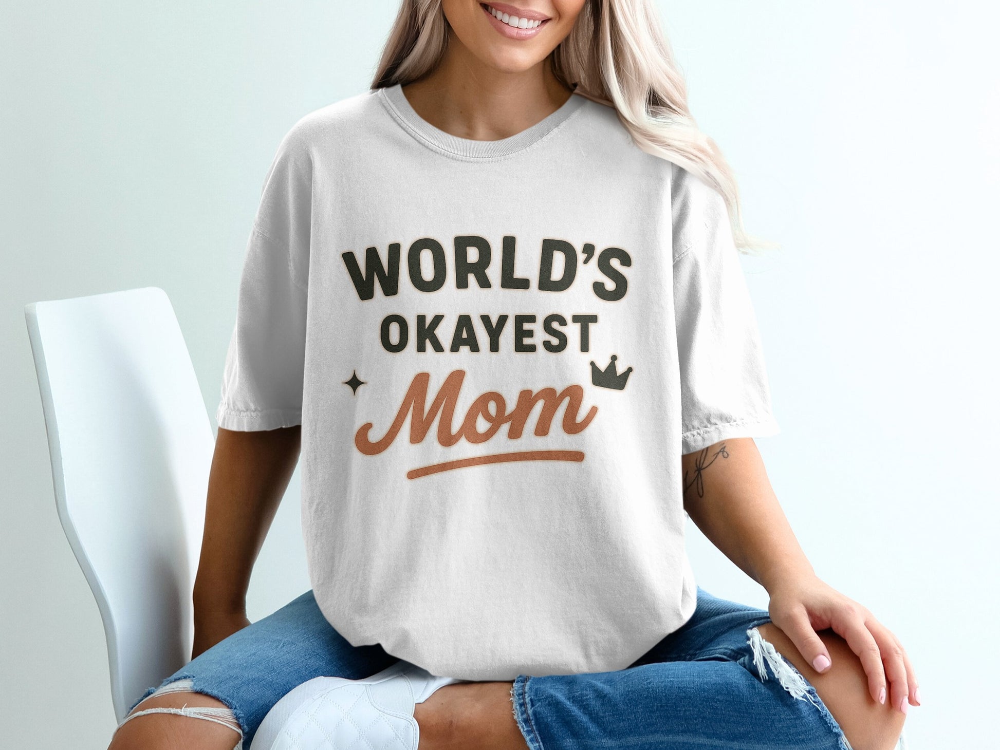 White- World's Okayest Mom Statement Shirt